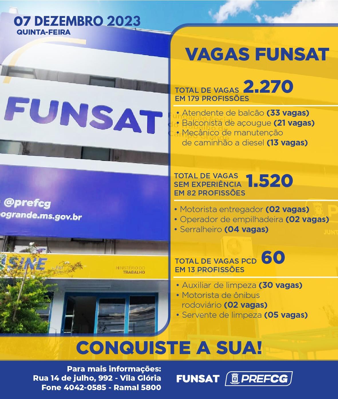 Funsat anuncia 2.270 vagas de emprego em mais de 220 empresas nesta quinta-feira.