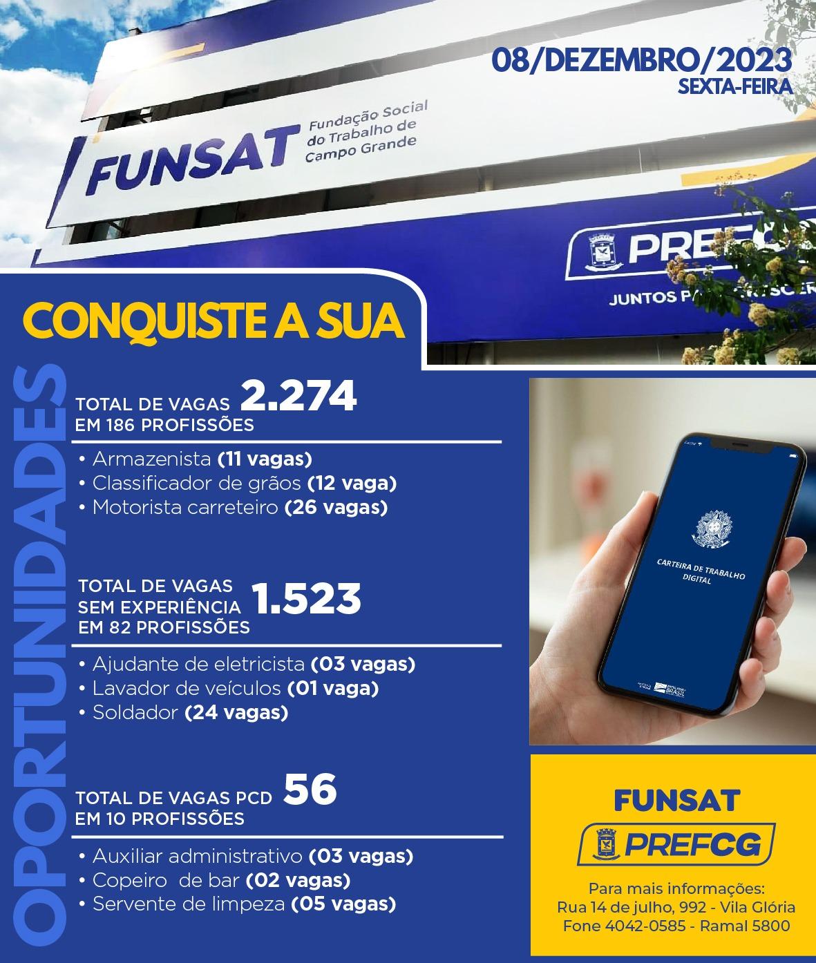 Funsat anuncia 2,2 mil vagas de emprego em 186 profissões nesta sexta-feira.
