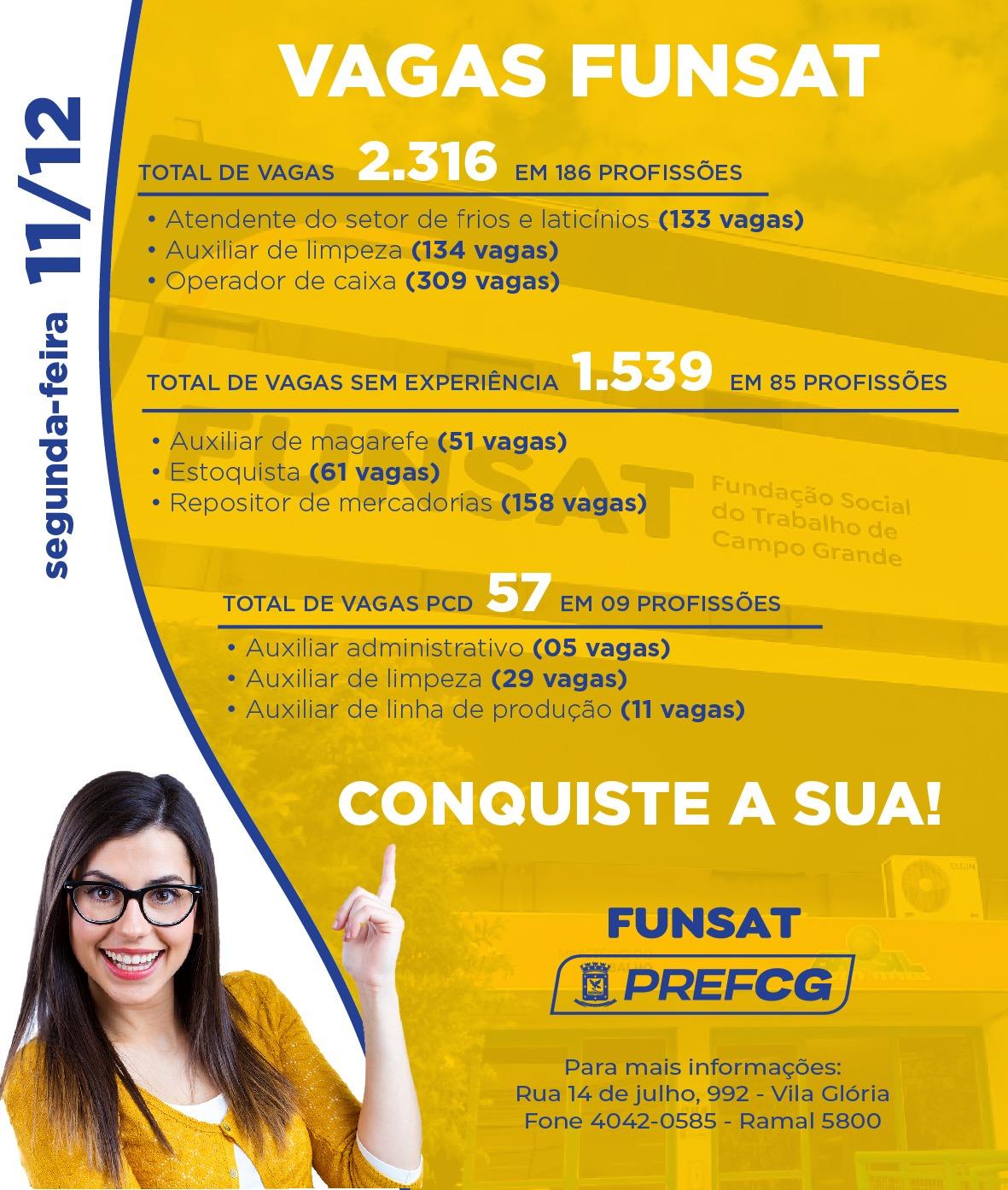 Funsat anuncia 2.316 vagas de emprego em 236 empresas nesta segunda-feira.