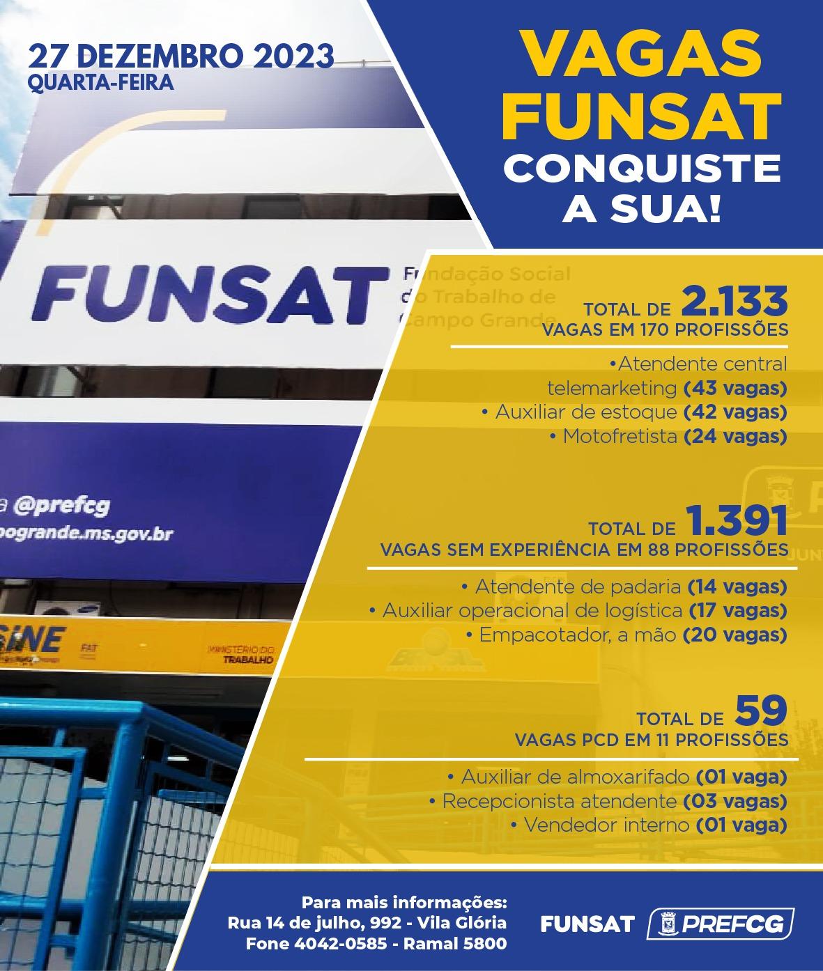 Funsat anuncia 2,1 mil vagas de emprego em 216 empresas nesta quarta-feira.