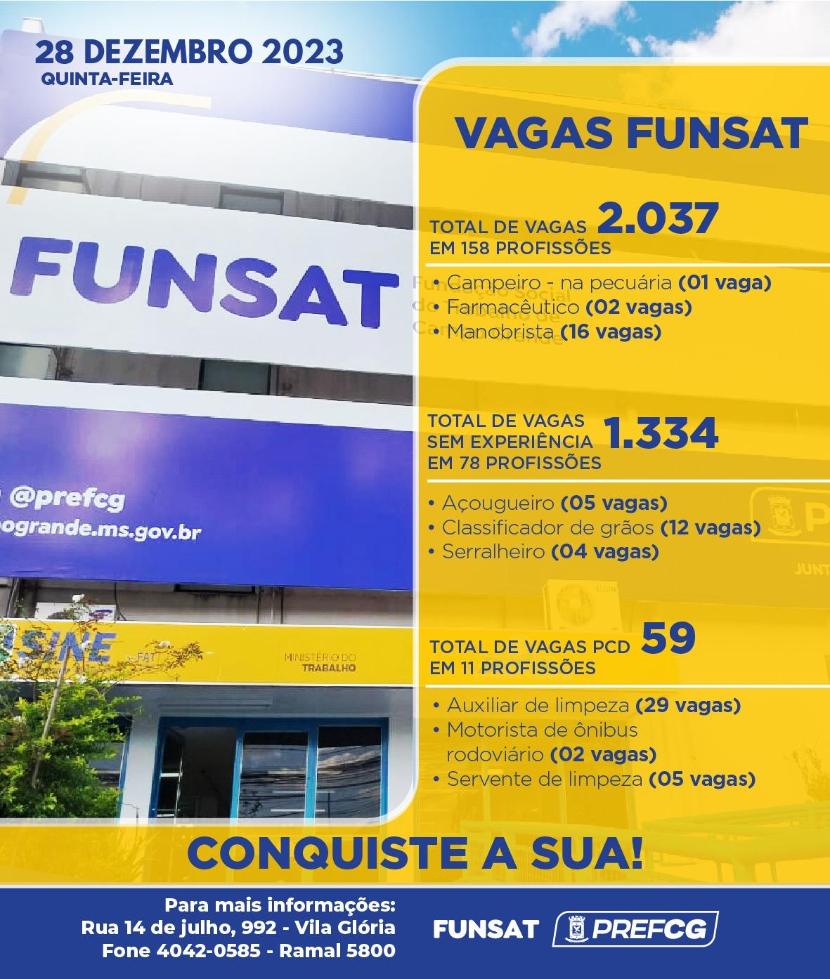 Funsat anuncia mais de 2 mil vagas de emprego em 158 funções nesta quinta-feira.