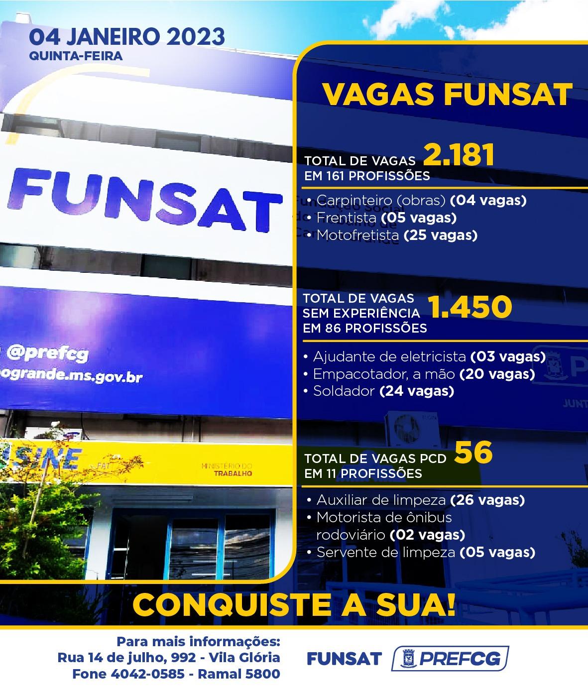 Funsat anuncia 2,1 mil vagas de emprego em 205 empresas nesta quinta-feira.