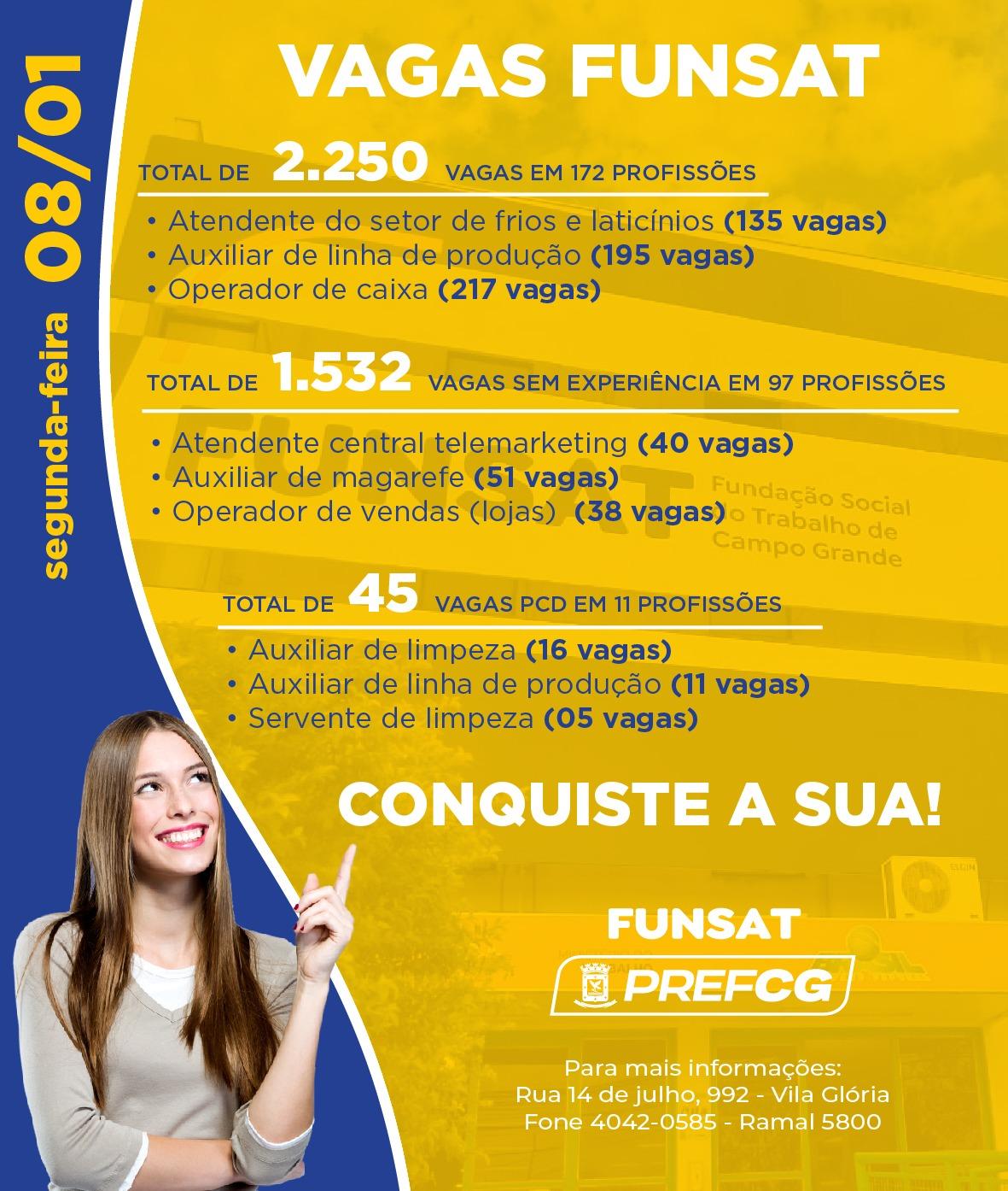 Funsat anuncia 2.250 vagas de emprego em mais de 170 funções nesta segunda-feira.