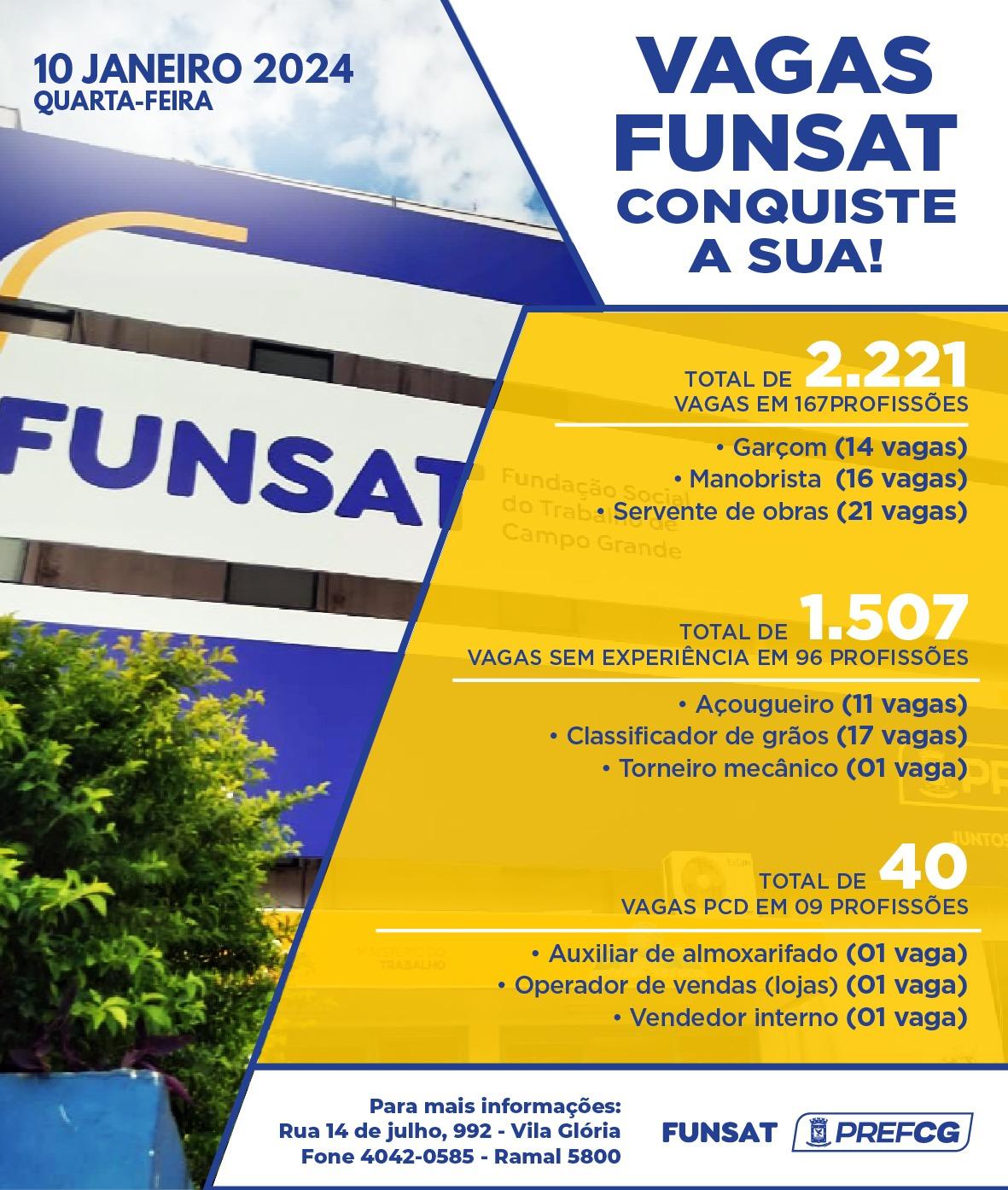 Funsat anuncia 2,2 mil vagas de emprego em mais de 200 empresas nesta quarta-feira.
