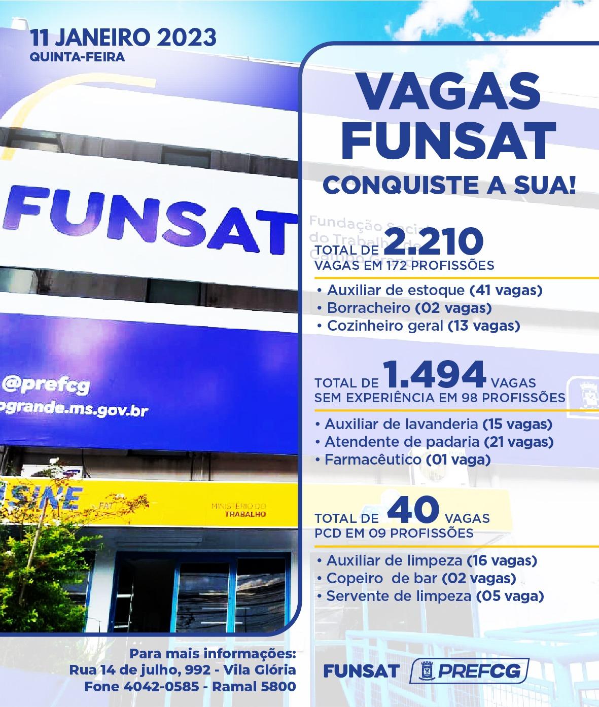 Funsat anuncia 2.210 vagas de emprego em 230 empresas nesta quinta-feira.