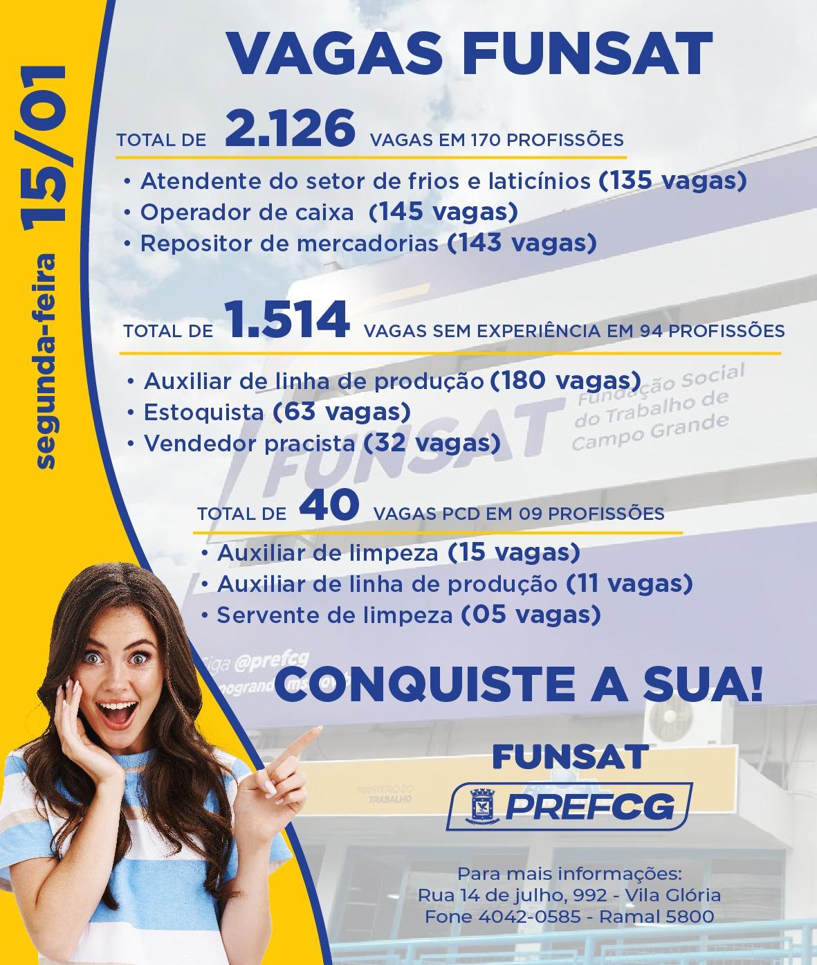 Funsat anuncia 2.126 vagas de emprego em 170 profissões nesta segunda-feira.