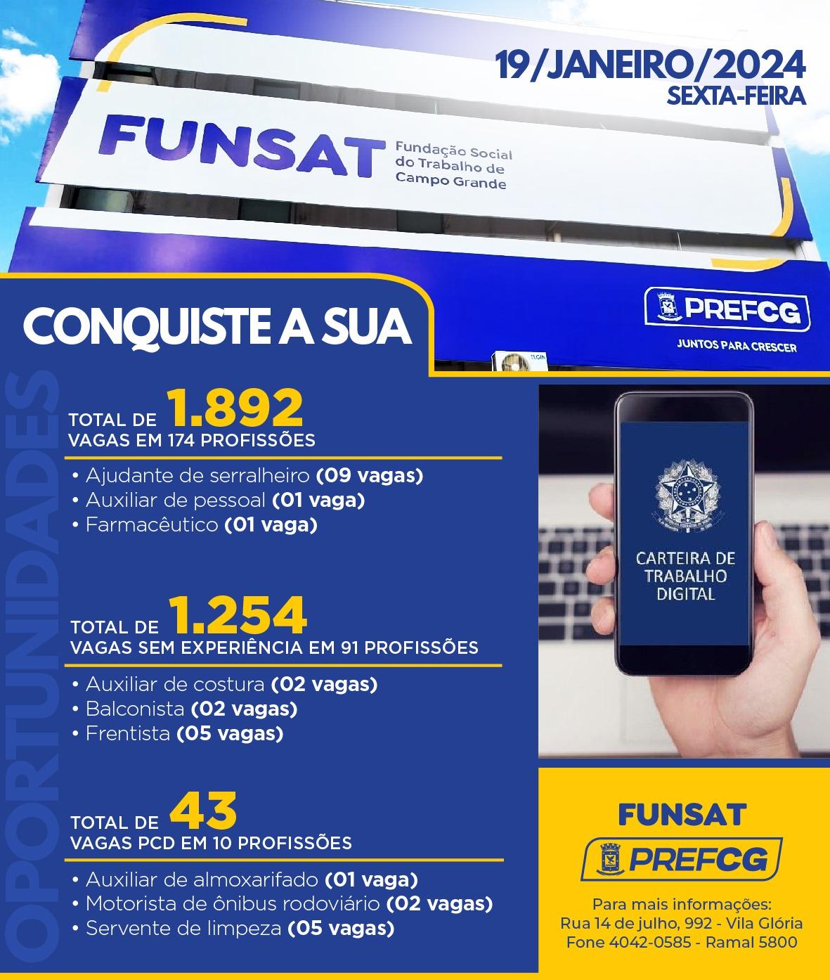 Funsat anuncia 1.892 vagas de emprego em 174 funções nesta sexta-feira.