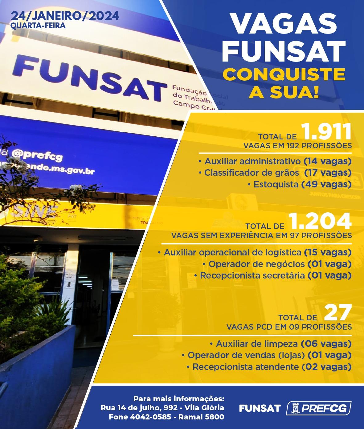 Funsat anuncia 1,9 mil vagas de emprego em 263 empresas nesta quarta-feira.