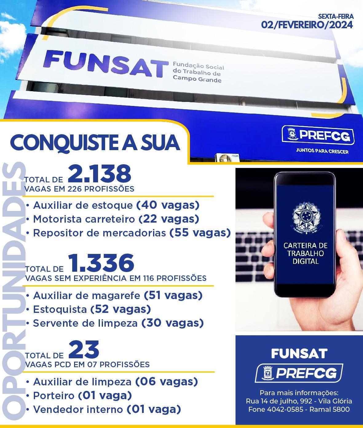 Funsat anuncia 2,1 mil vagas de emprego em 319 empresas nesta sexta-feira.