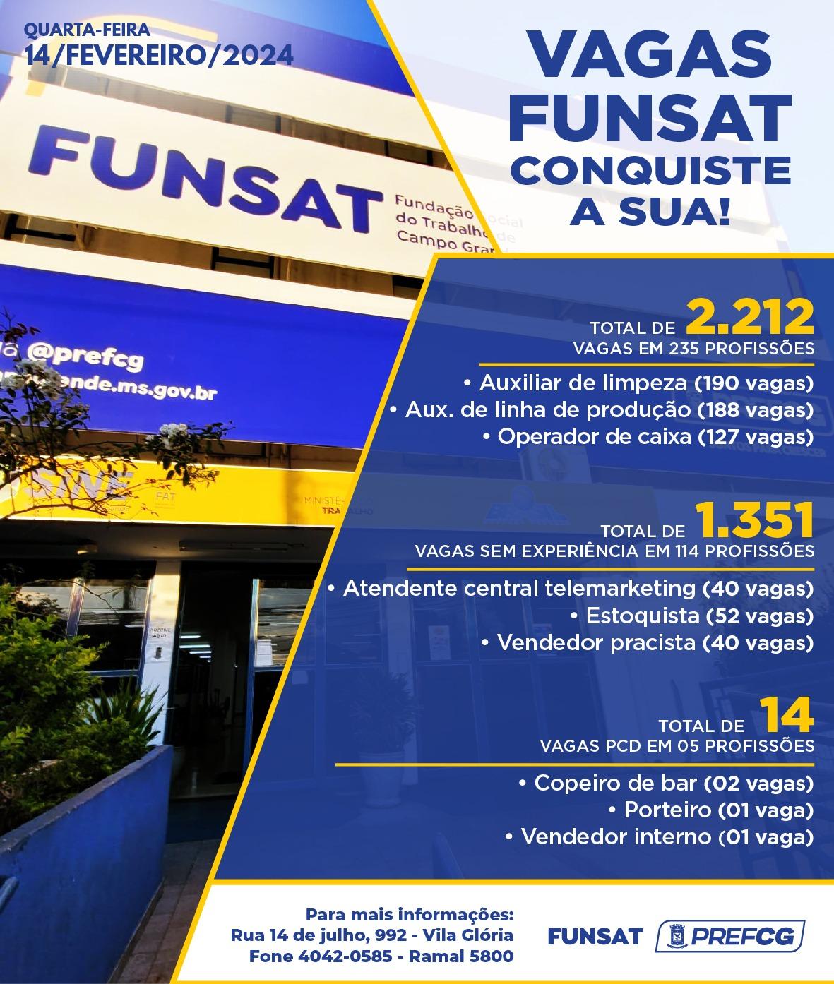 Funsat anuncia 2,2 mil vagas de emprego em 235 profissões nesta quarta-feira.