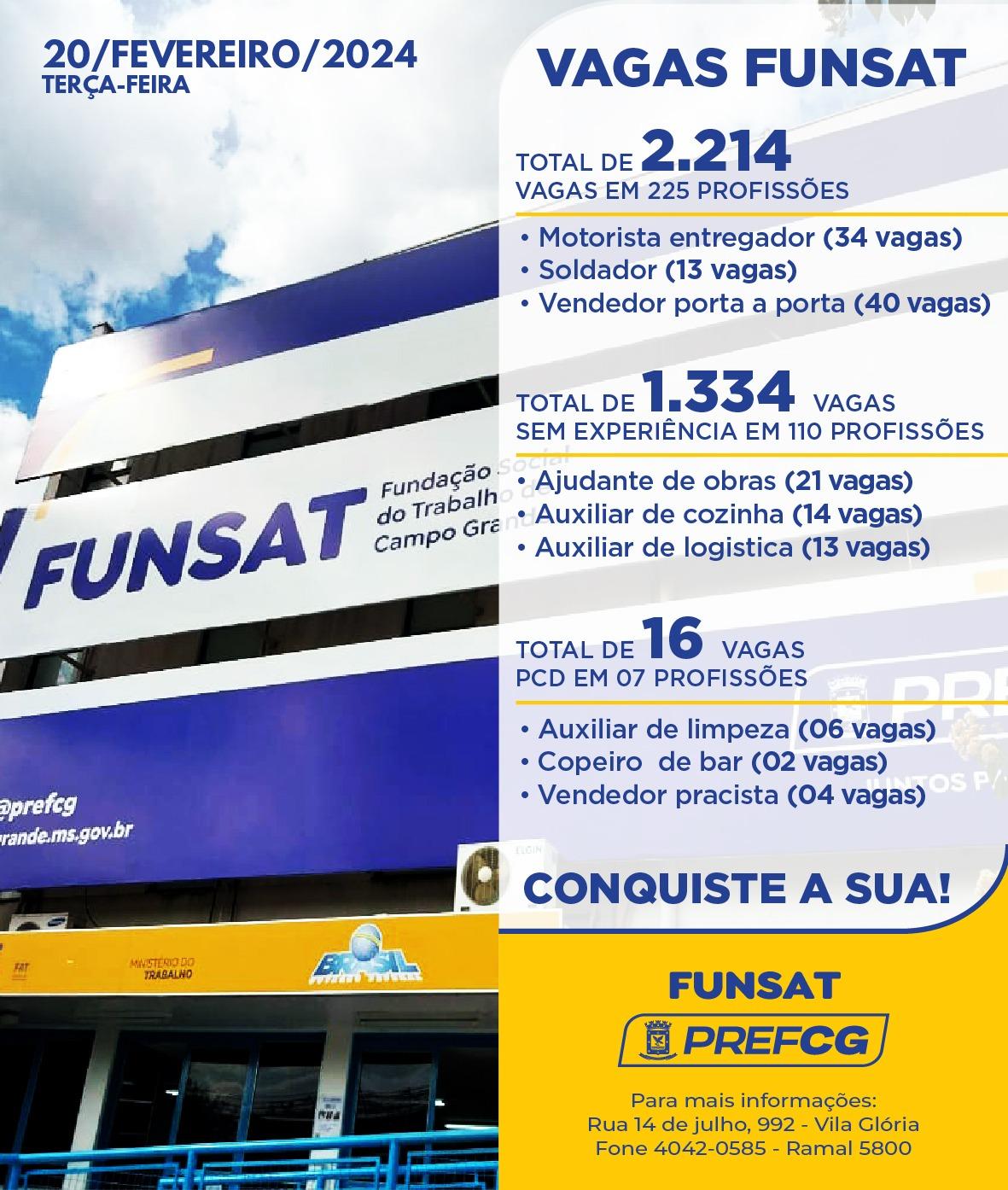 Funsat anuncia 2,2 mil vagas de emprego em 225 funções empresas nesta terça-feira. Funsat anuncia 2,2 mil vagas de emprego em 225 funções empresas nesta terça-feira.