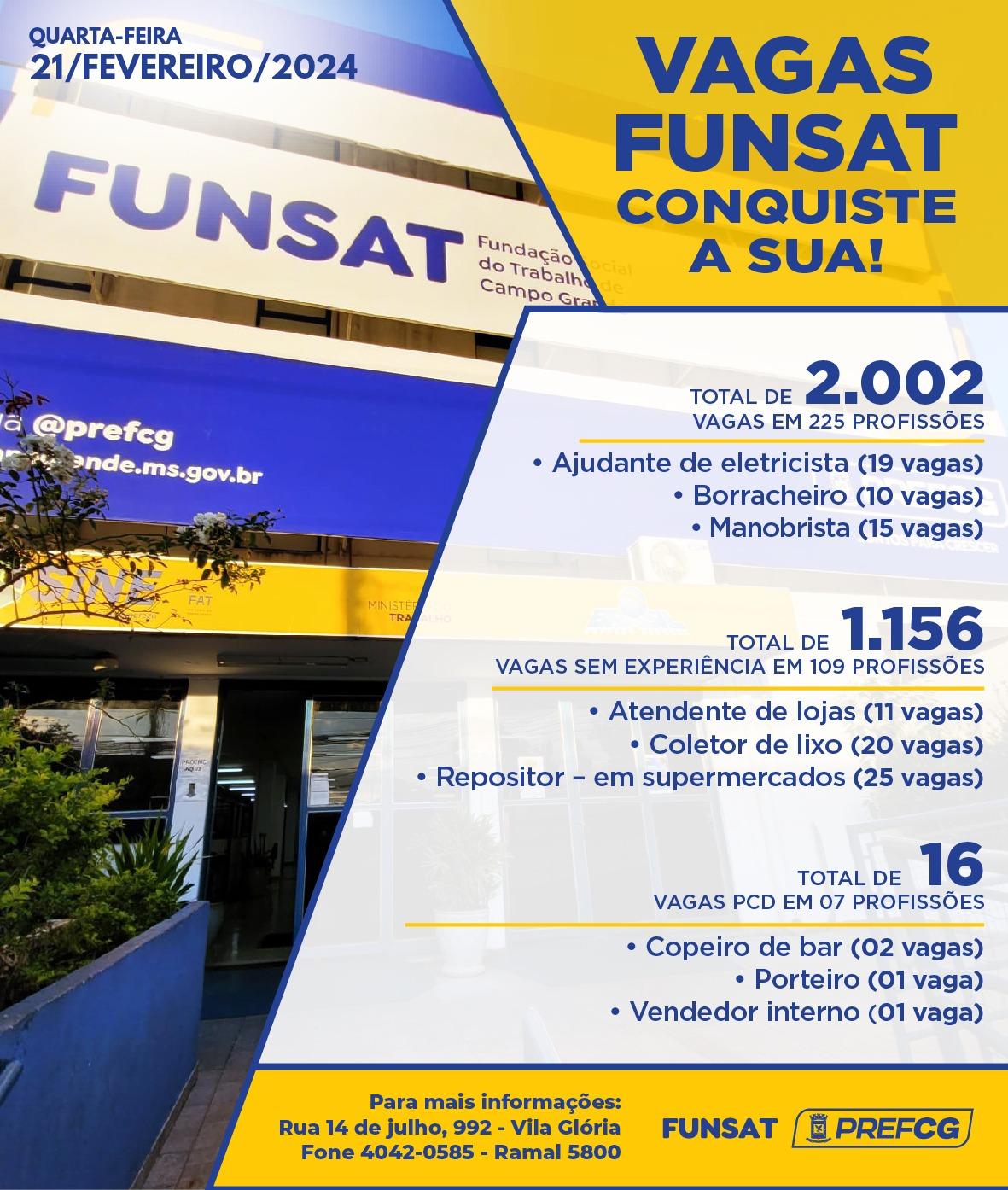 Funsat anuncia 2 mil vagas de emprego em 225 funções empresas nesta quarta-feira.