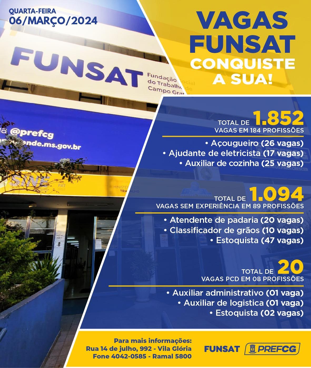 Funsat anuncia 1.852 vagas de emprego em 255 empresas nesta quarta-feira.