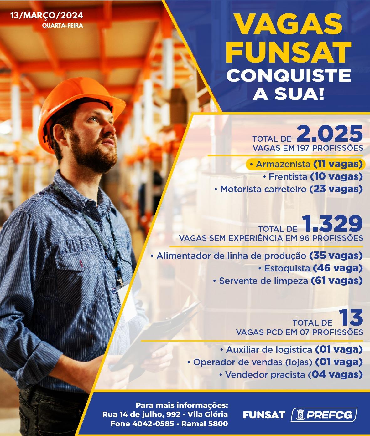Funsat anuncia 2.025 vagas de emprego em 279 empresas nesta quarta-feira .