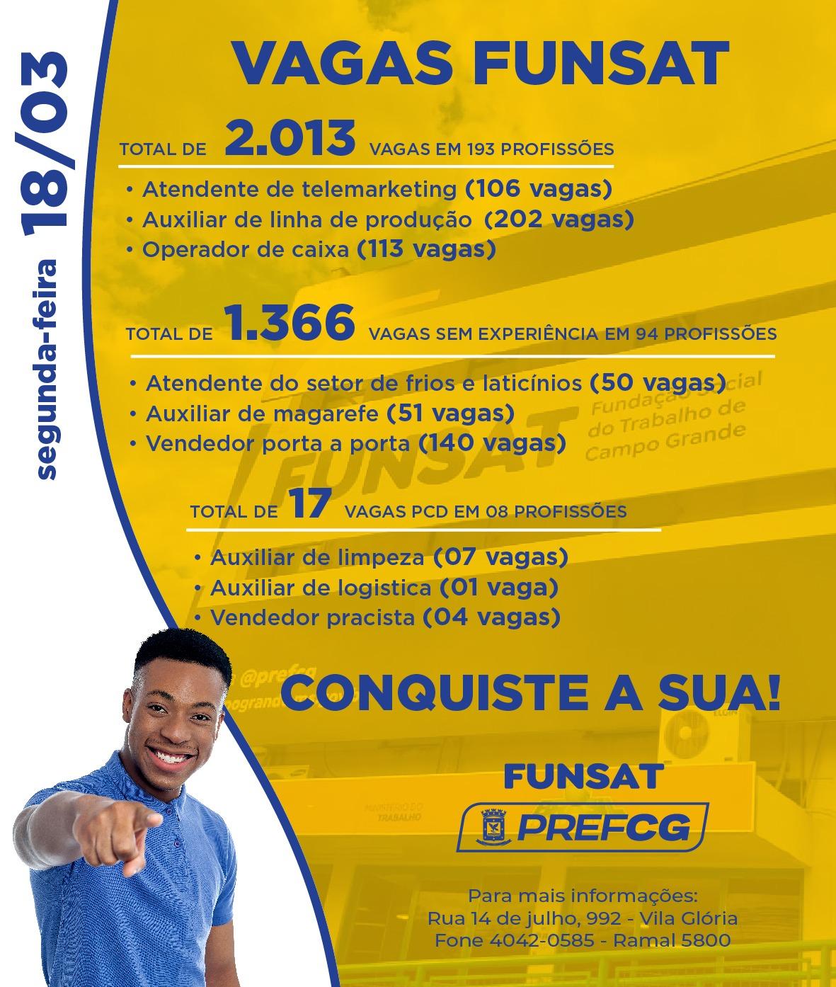 Funsat anuncia 2 mil vagas de emprego em 280 empresas nesta segunda-feira.