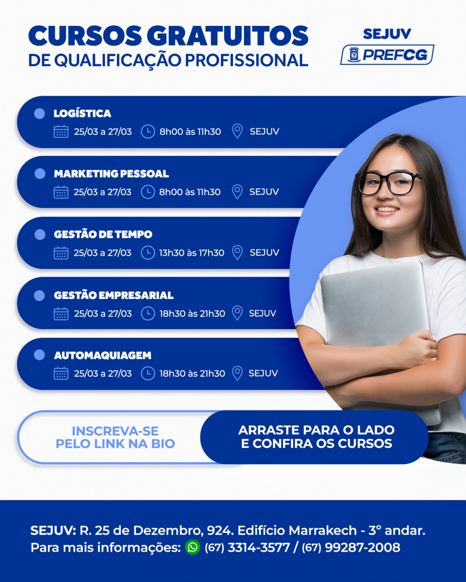 Prefeitura oferece curso gratuito de Social Media e mais seis opções de capacitação.