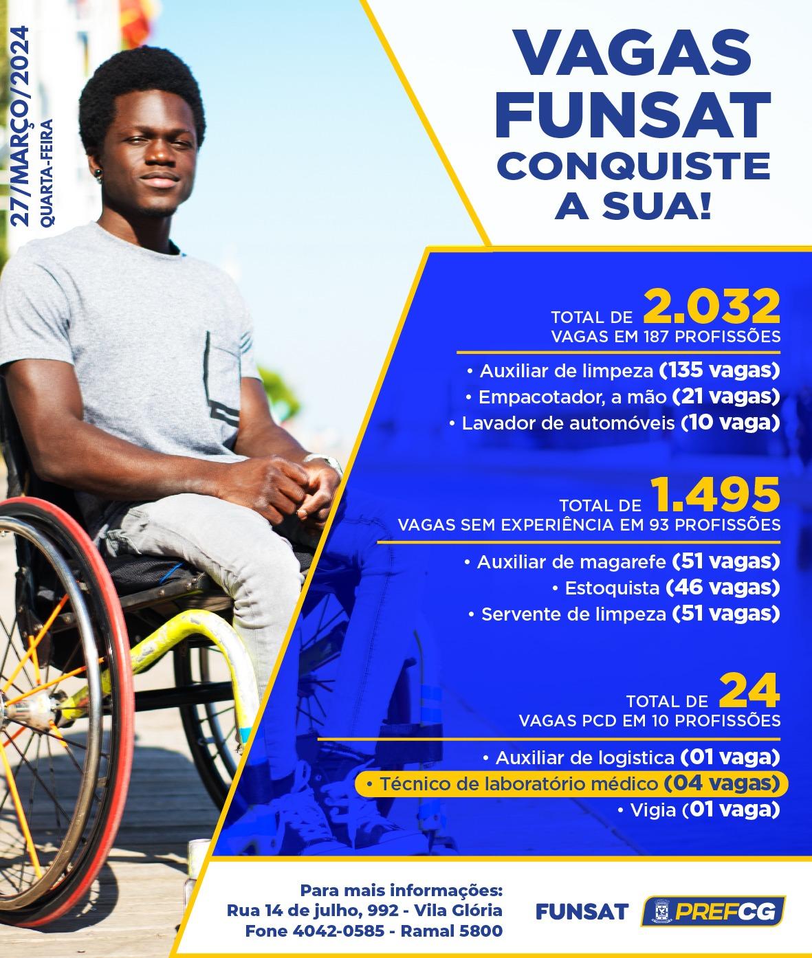 Funsat oferece 2.032 vagas de emprego em 187 funções nesta quarta-feira.