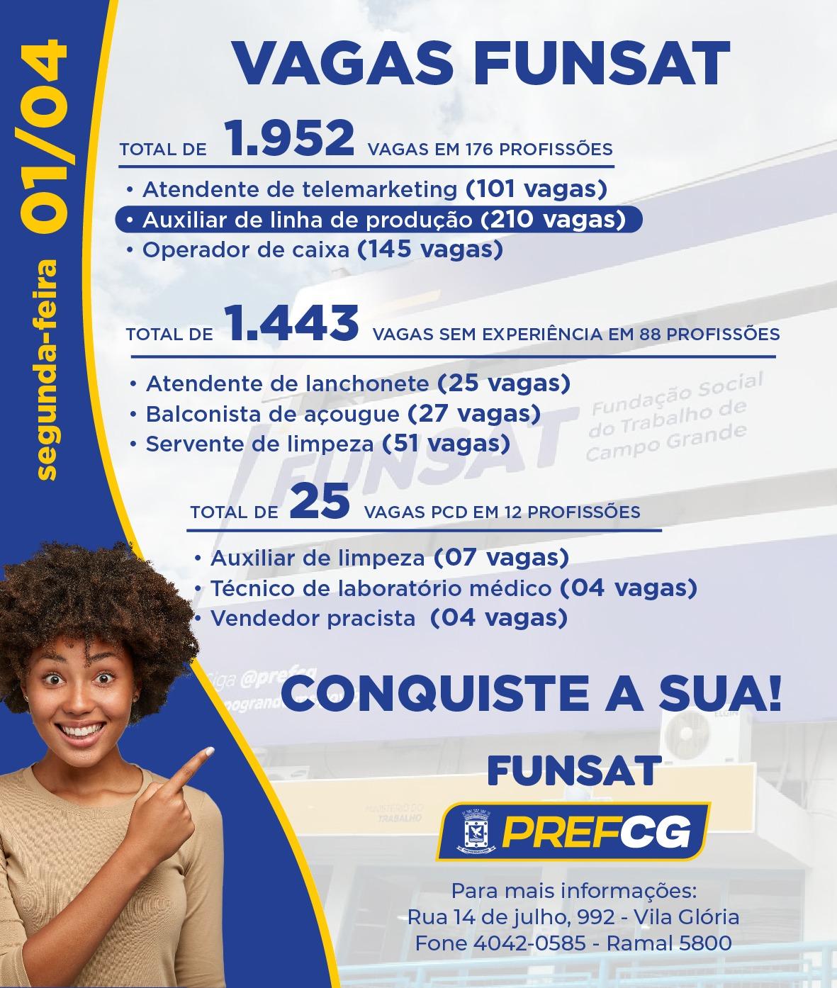 Funsat oferece 1.952 vagas de emprego em 263 empresas nesta segunda-feira.