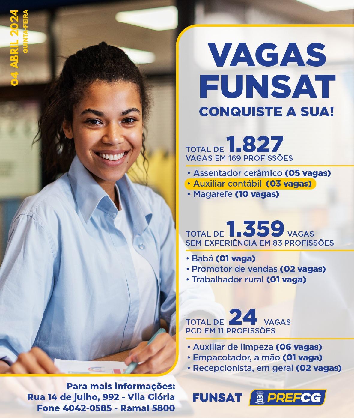 Funsat oferta 1,8 mil vagas de emprego em 169 funções nesta quinta-feira.