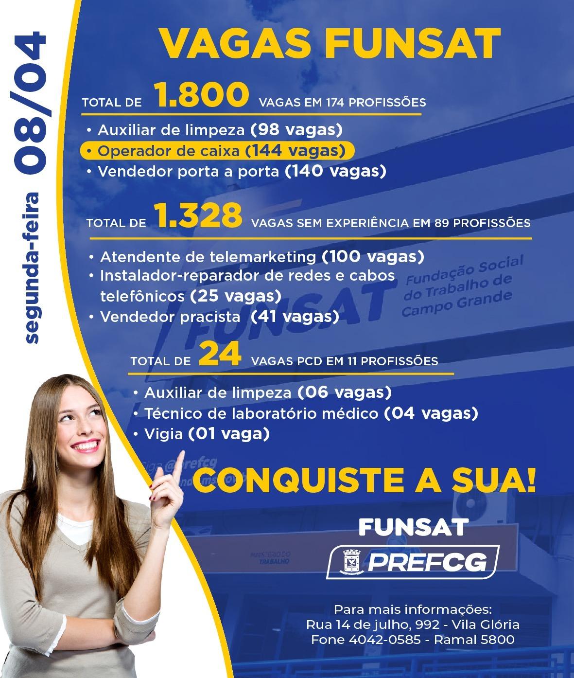 Funsat oferta 1.800 vagas de emprego em 253 empresas nesta segunda-feira.
