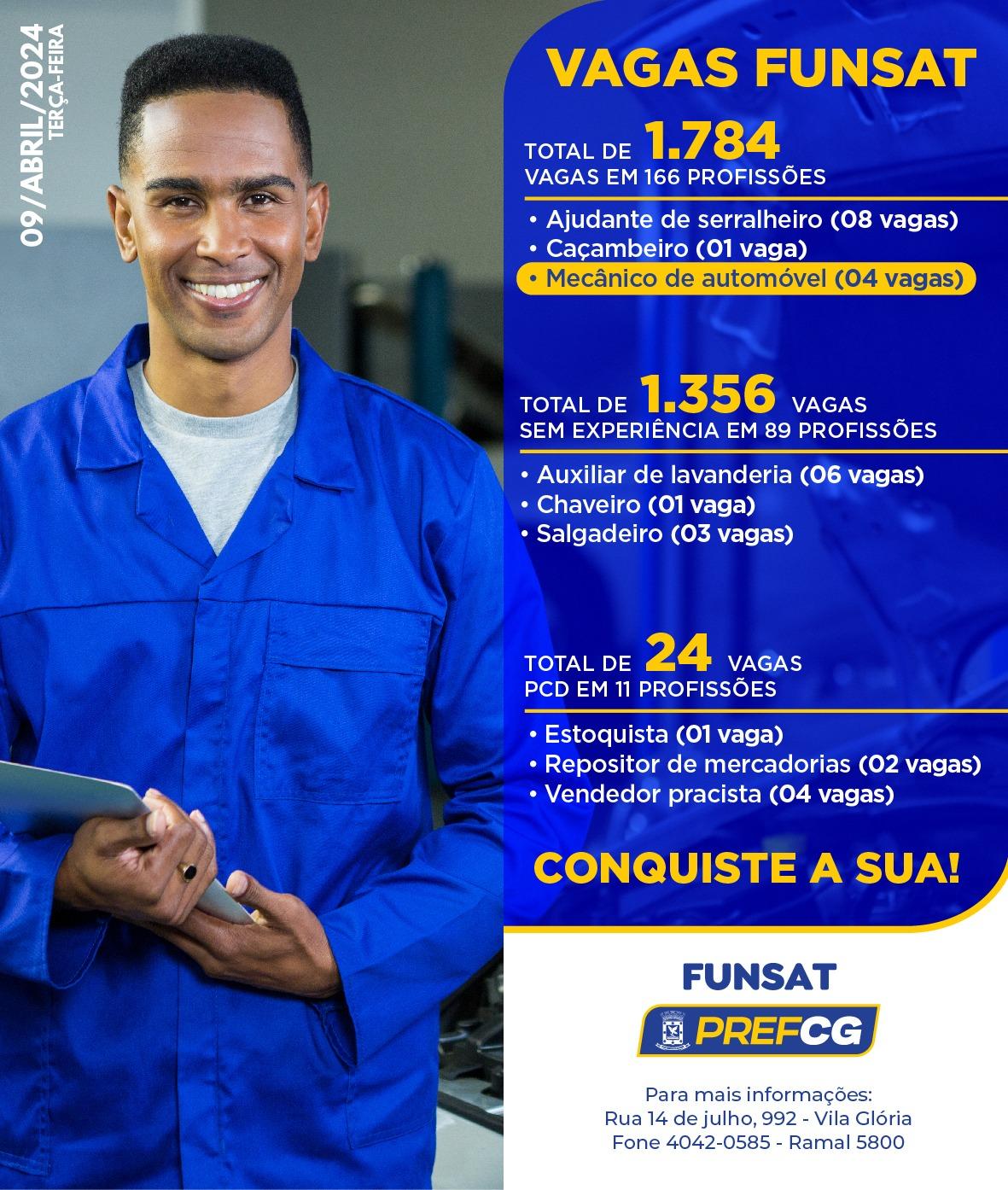 Funsat oferta 1,7 mil vagas de emprego em 237 empresas nesta terça-feira.