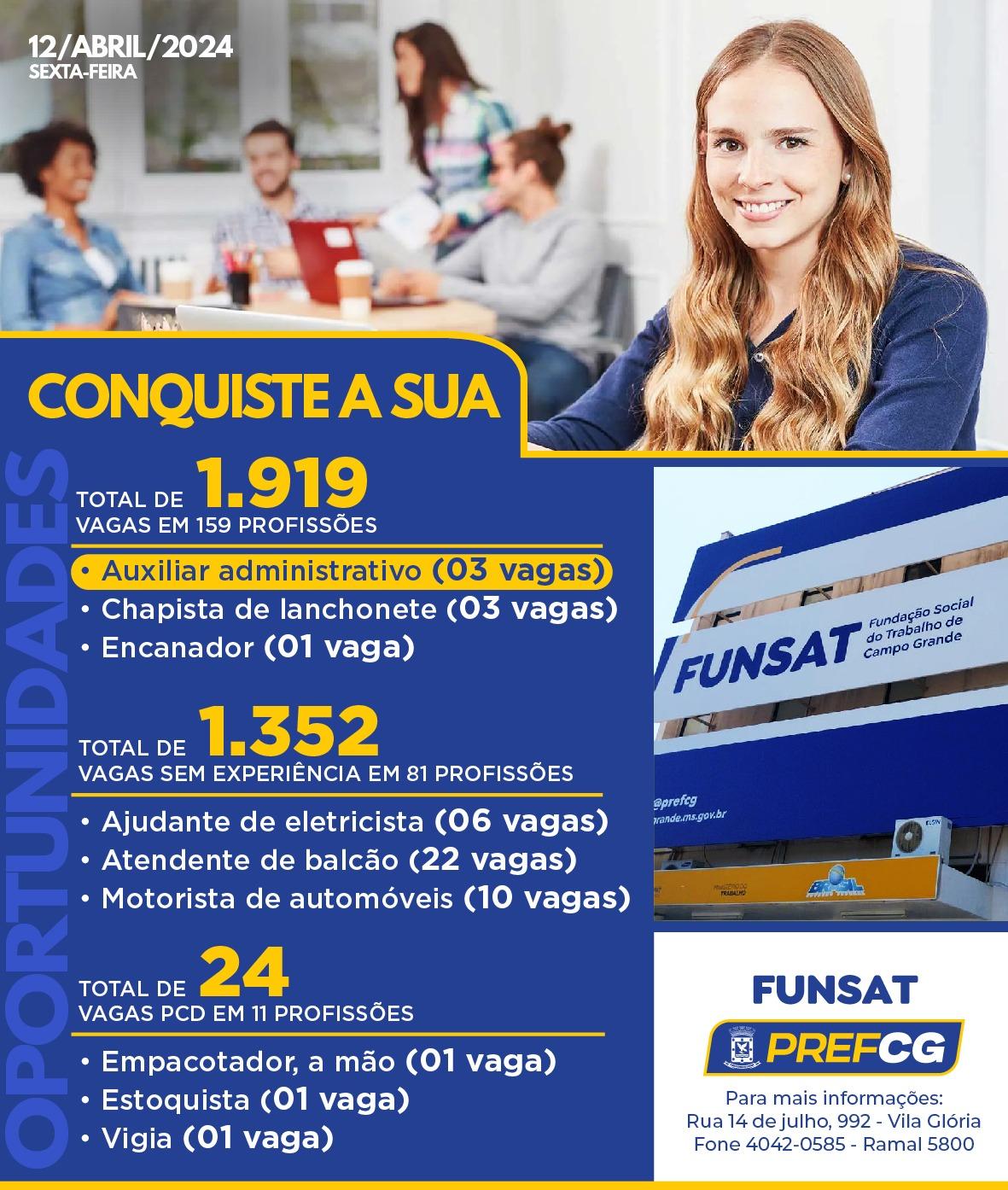 Funsat anuncia 1,9 mil vagas de emprego em 243 empresas nesta sexta-feira.