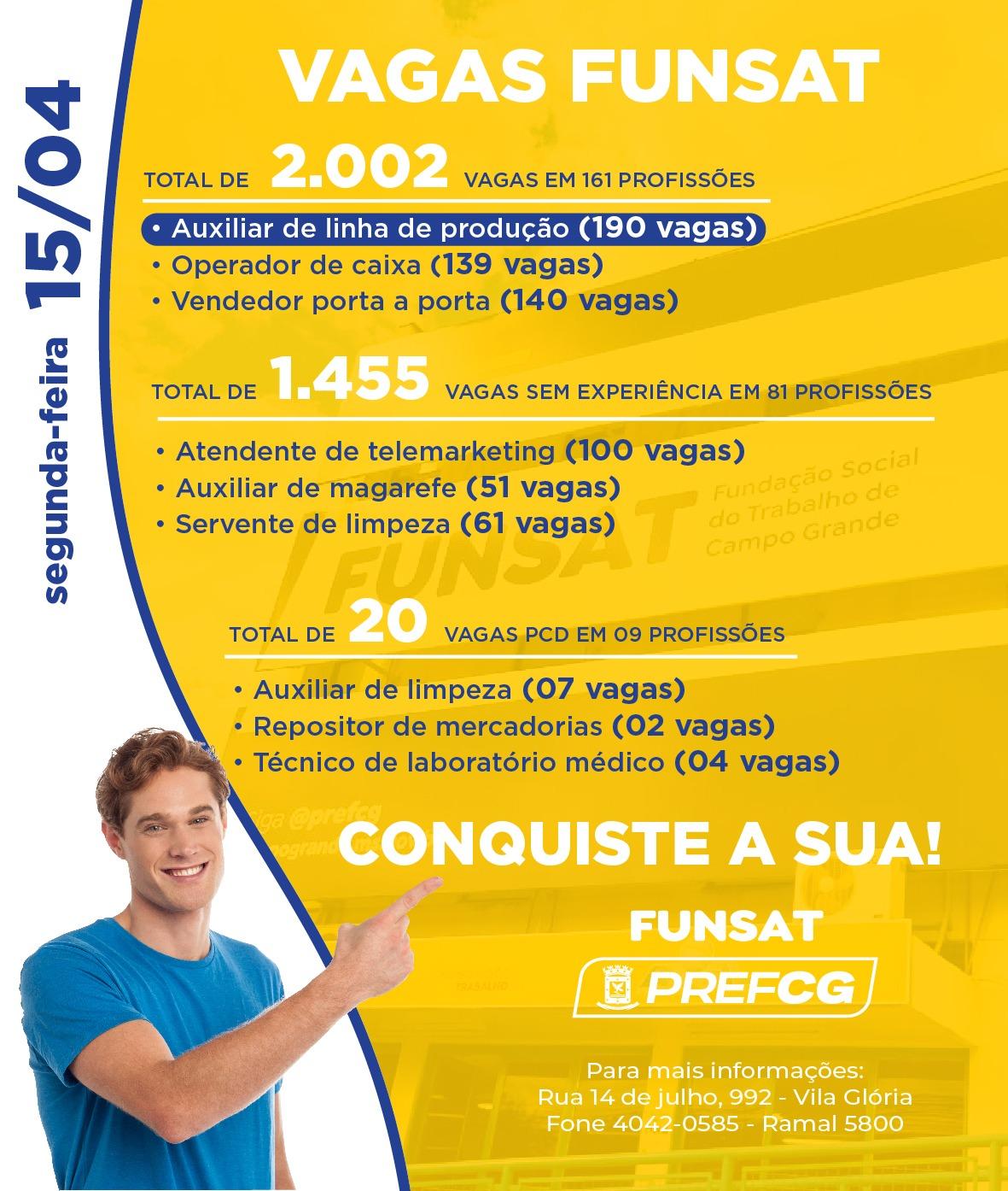 Funsat anuncia 2 mil vagas de emprego em 250 empresas nesta segunda-feira.