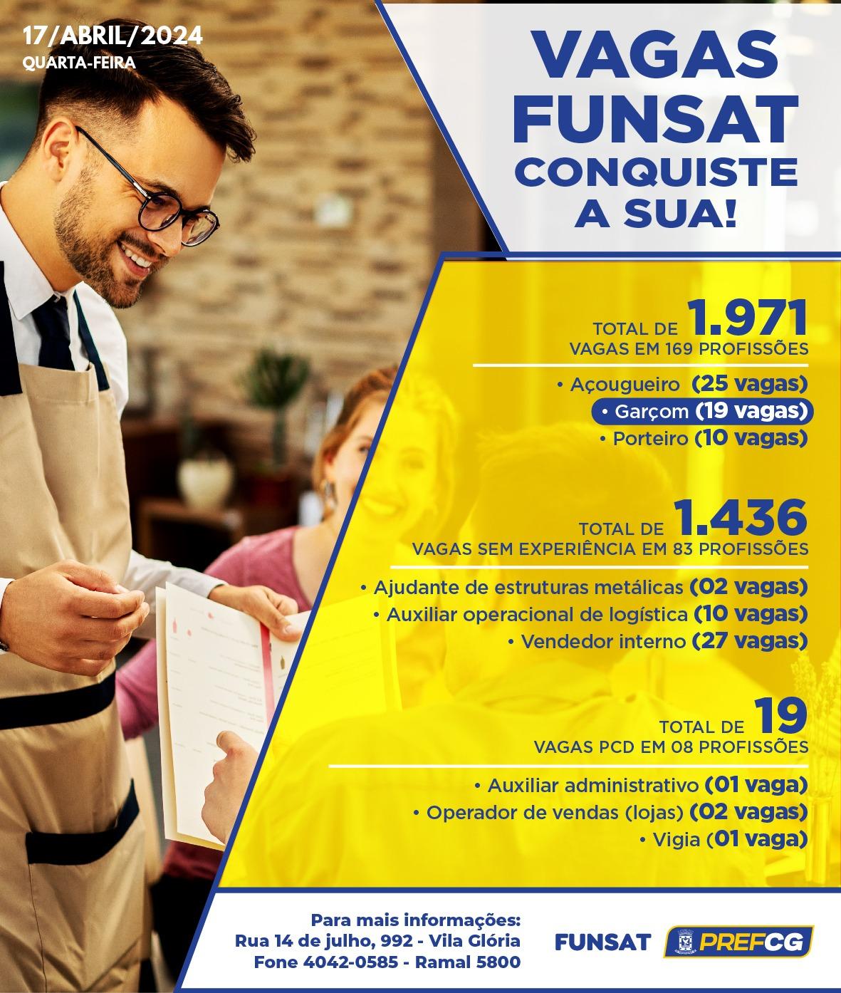 Funsat anuncia 1,9 mil vagas de emprego em 248 empresas nesta quarta-feira. Funsat anuncia 1,9 mil vagas de emprego em 248 empresas nesta quarta-feira.