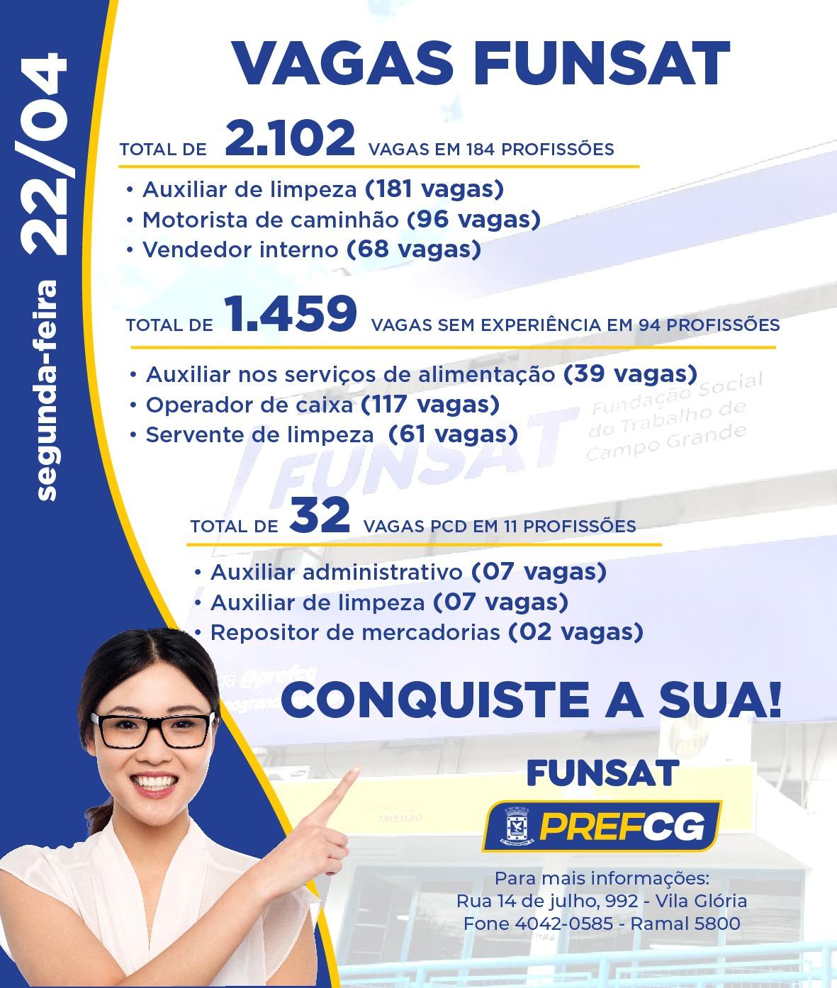 Funsat anuncia 2.102 vagas de emprego em 184 funções nesta segunda-feira.