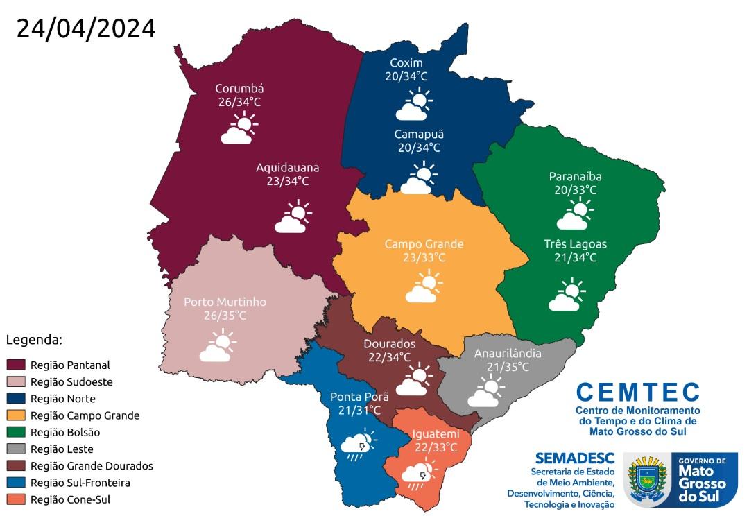 Aliado à baixa umidade do ar, Mato Grosso do Sul registra altas temperaturas nesta quarta-feira. Aliado à baixa umidade do ar, Mato Grosso do Sul registra altas temperaturas nesta quarta-feira.