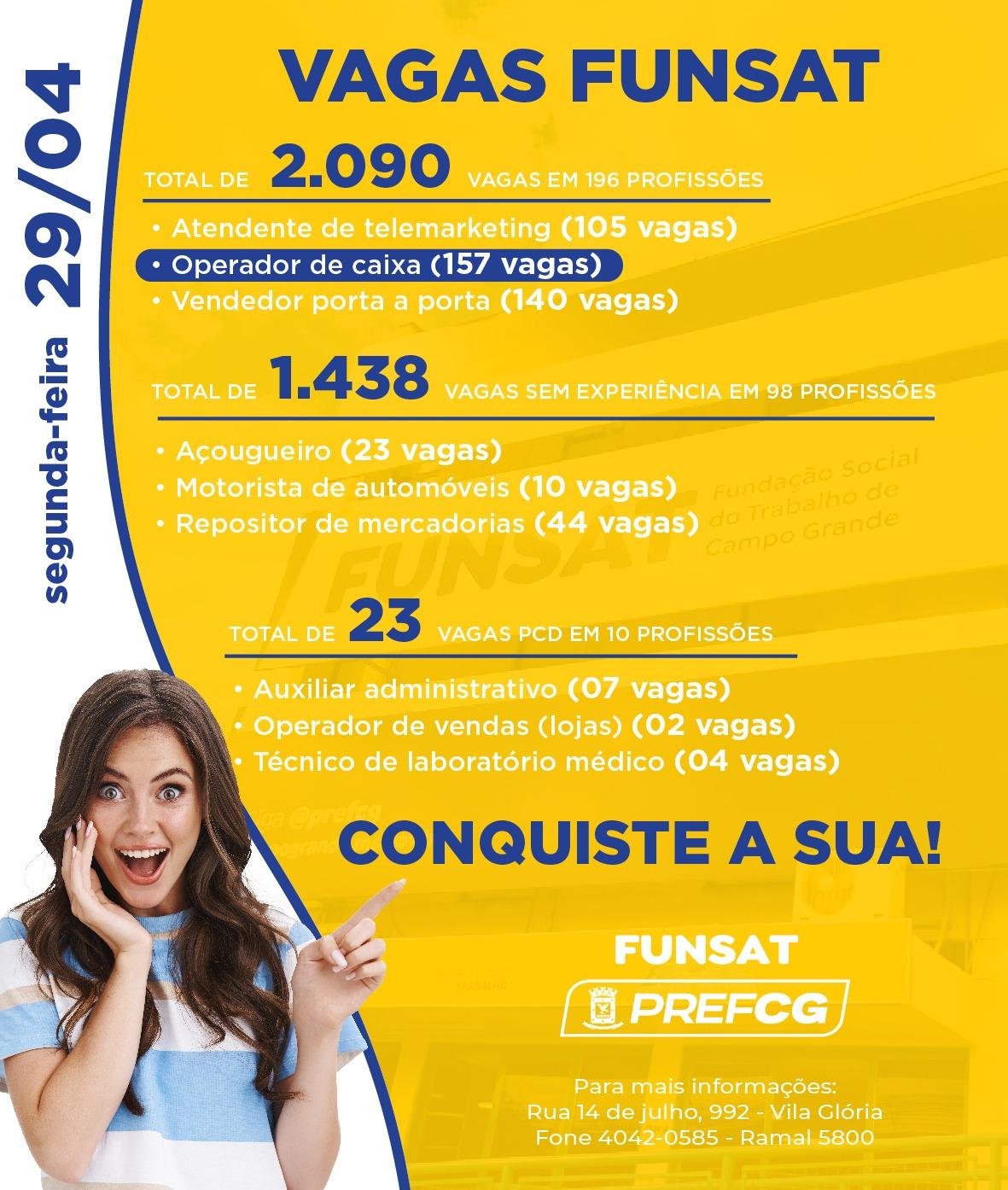 Funsat anuncia 2.090 vagas de emprego em 196 profissões nesta segunda-feira.