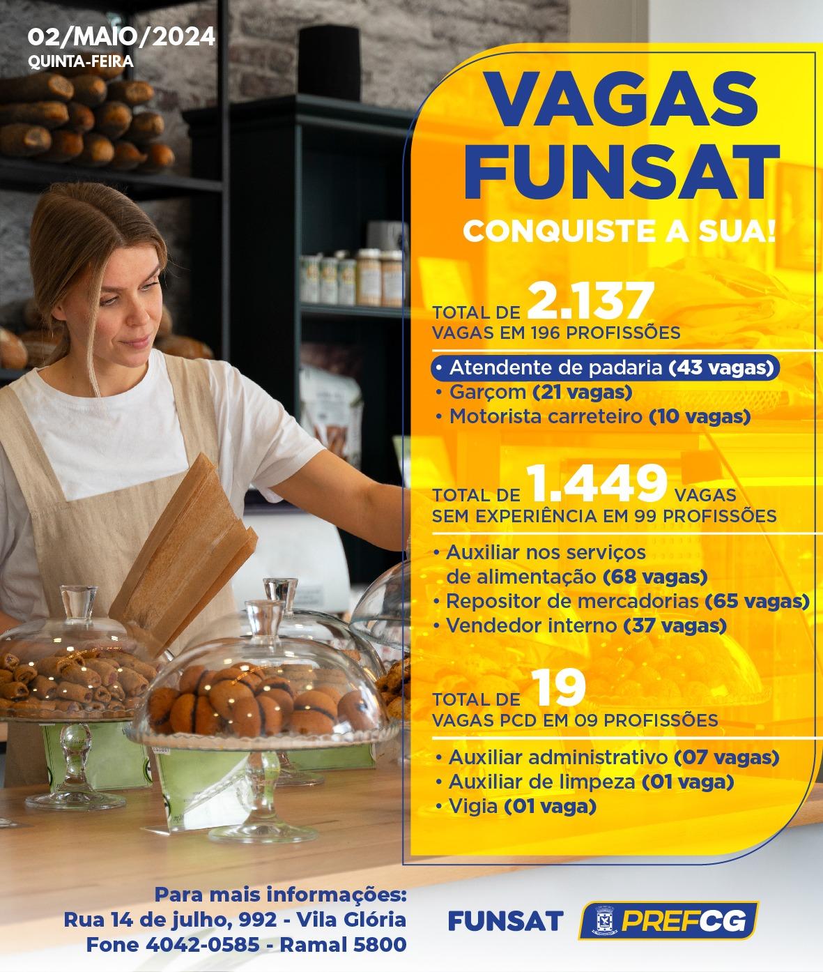 Funsat anuncia 2,1 mil vagas de emprego em 196 profissões nesta quinta-feira .