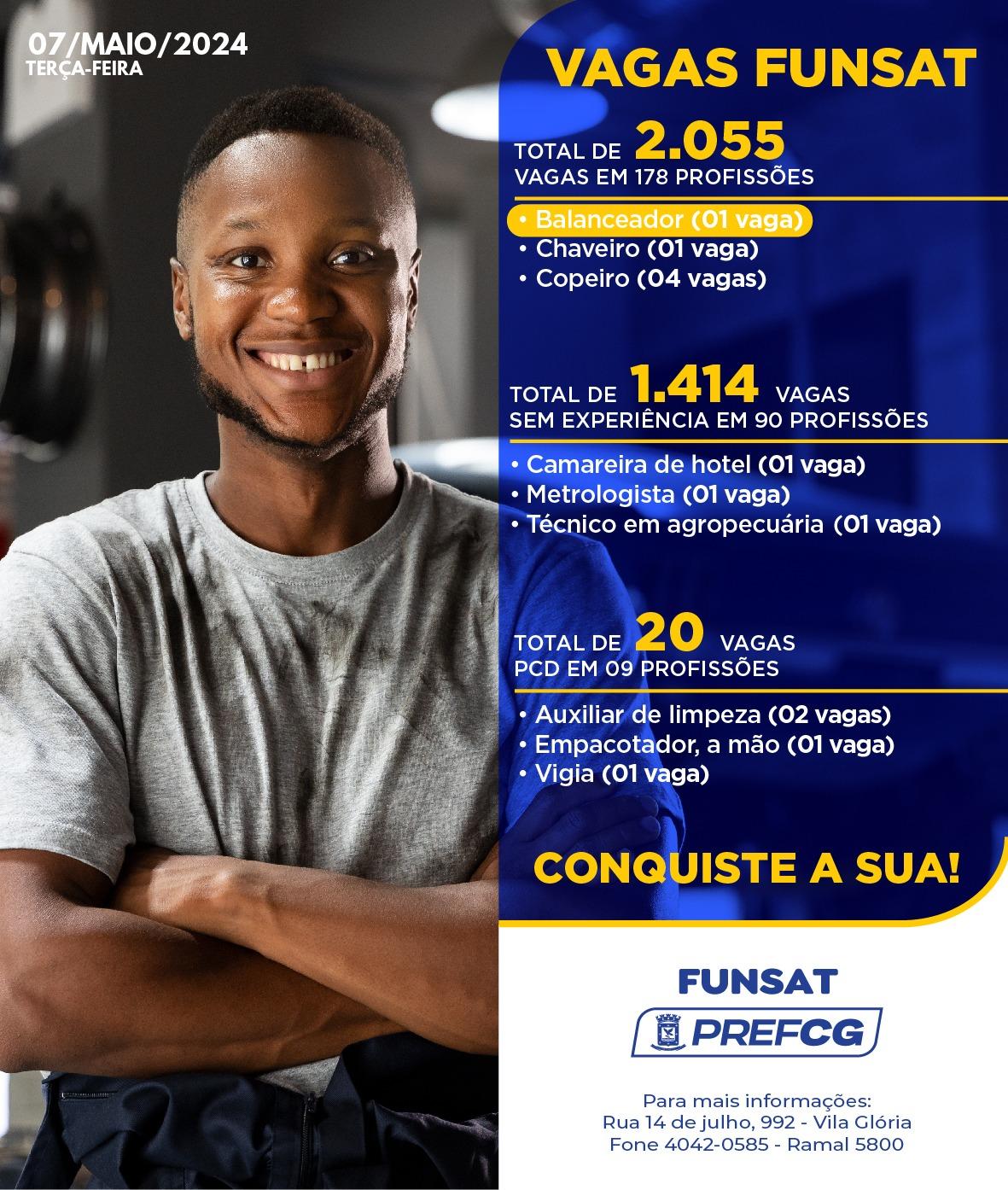 Funsat anuncia 2.055 vagas de emprego em 261 empresas nesta terça-feira.