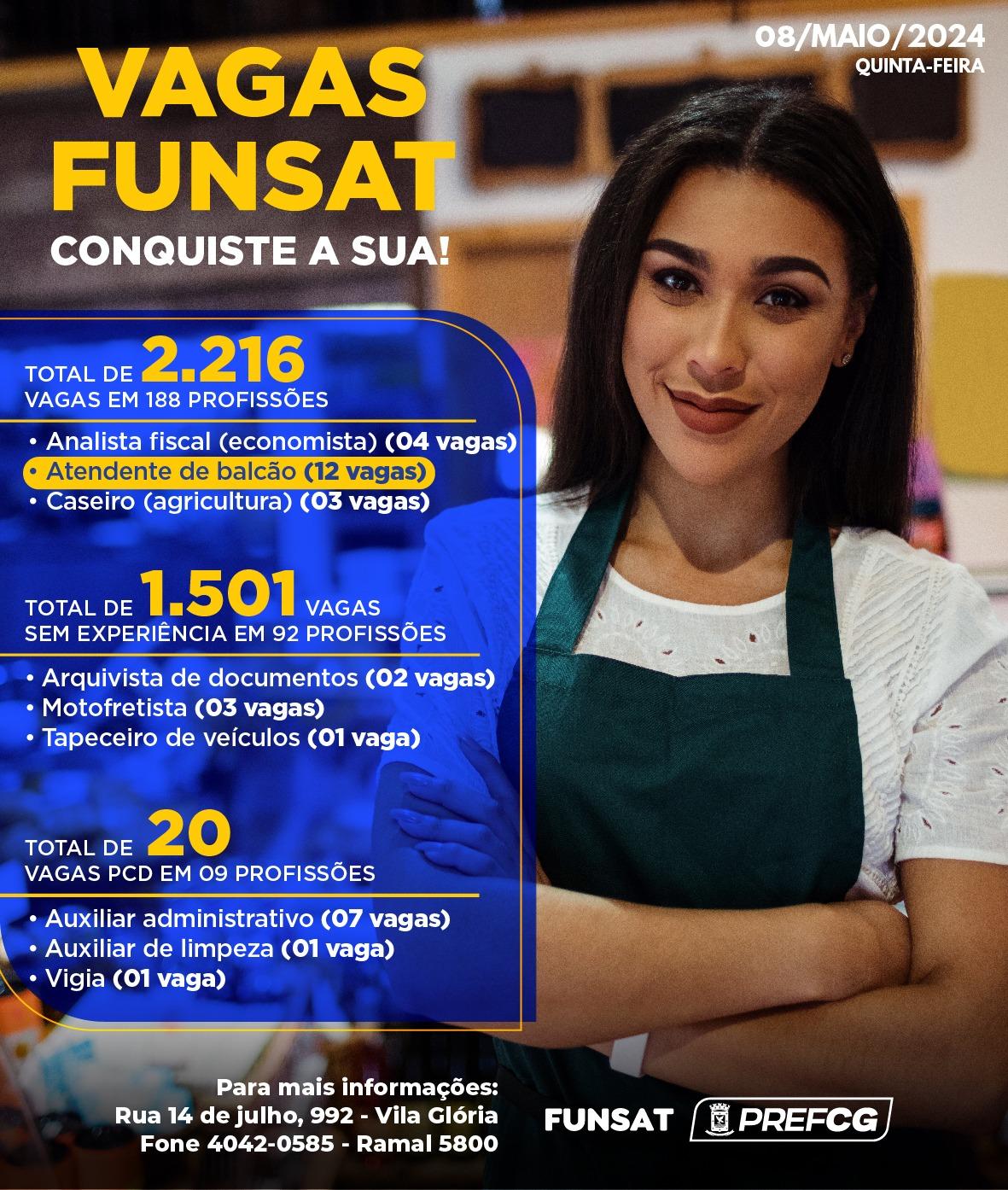 Funsat anuncia 2,2 mil vagas de emprego em 188 profissões nesta quarta-feira.