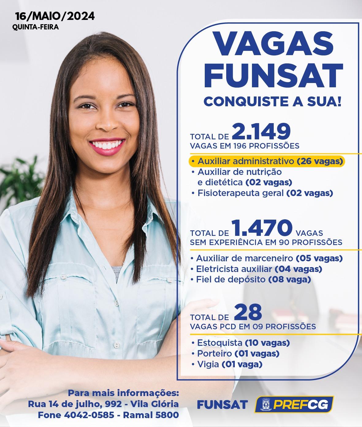 Funsat anuncia 2.149 vagas de emprego em 196 profissões nesta quinta-feira.