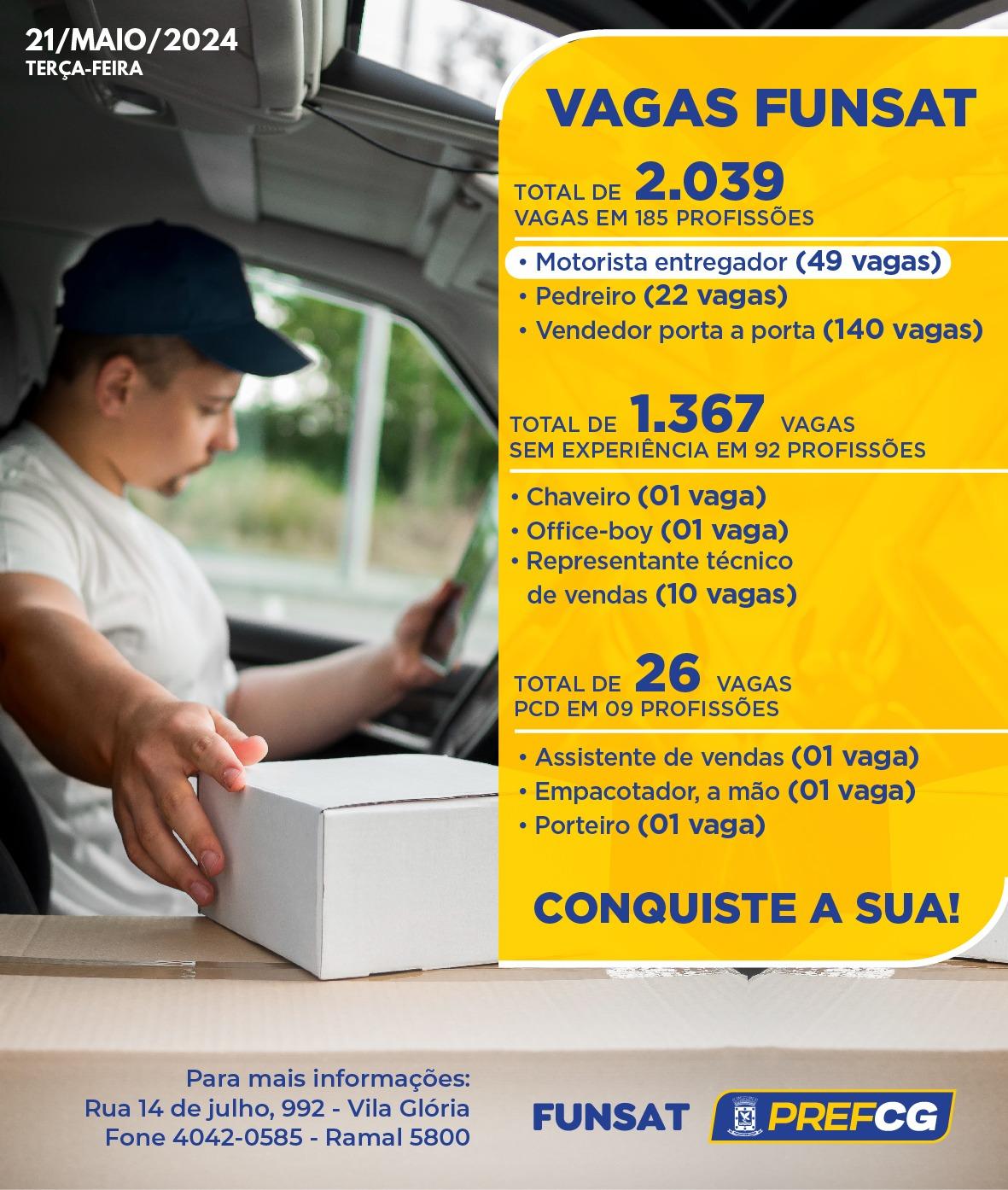 Funsat anuncia 2.039 vagas de emprego em 185 funções nesta terça-feira.