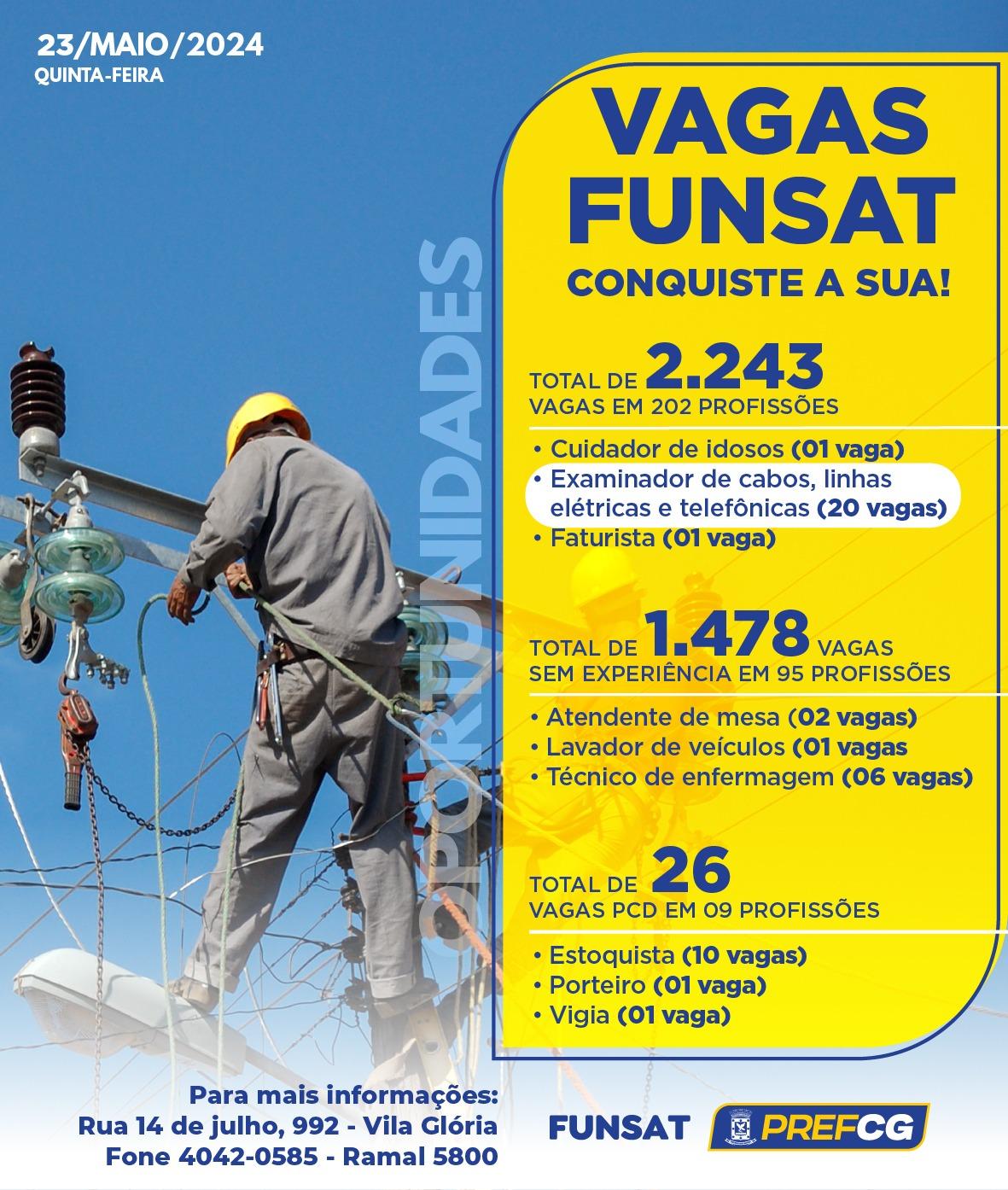 Funsat anuncia 2,2 mil vagas de emprego em 202 funções nesta quinta-feira.