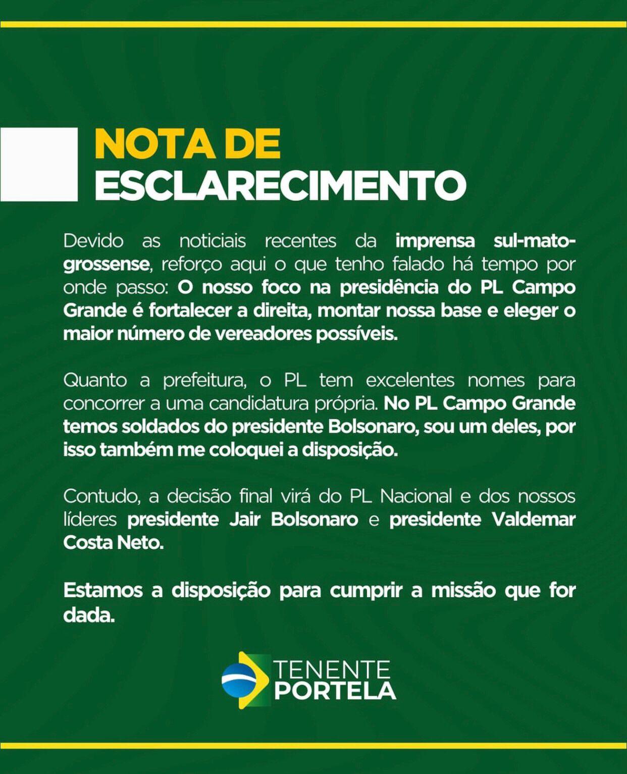 Tenente Portela ensaia recuo e afirma que decisão final será do ex presidente Jair Messias Bolsonaro e Valdemar Costa Neto; veja a nota. Tenente Portela ensaia recuo e afirma que decisão final será do ex presidente Jair Messias Bolsonaro e Valdemar Costa Neto; veja a nota.
