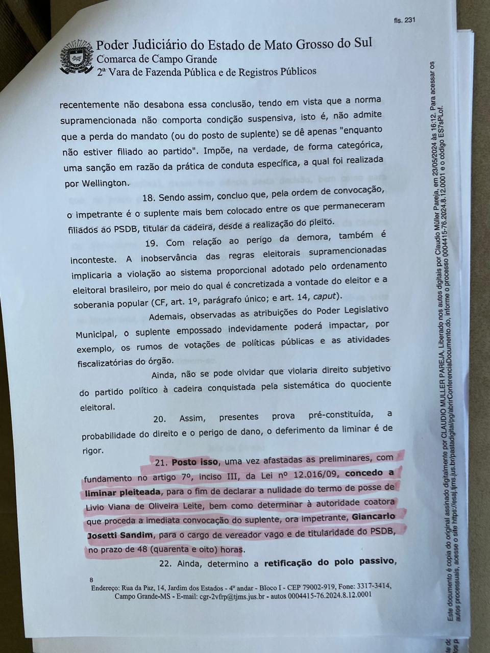 Tribunal de Justiça anula posse de Lívio e determina convocação de oitavo suplente. Tribunal de Justiça anula posse de Lívio e determina convocação de oitavo suplente.