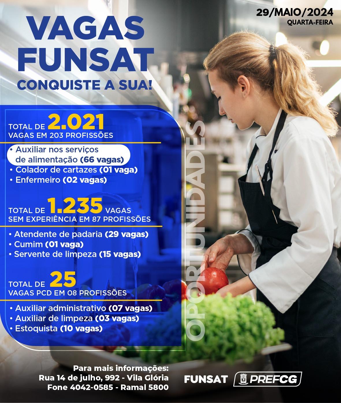 Funsat anuncia 2.021 vagas de emprego em 203 funções nesta quarta-feira.