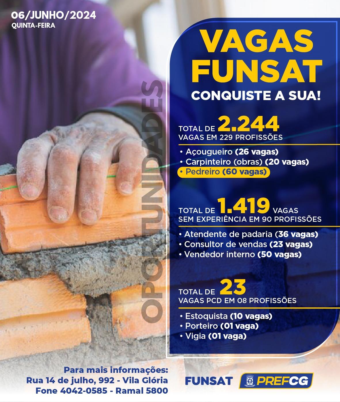 Funsat anuncia 2.244 vagas de emprego em 267 empresas nesta quinta-feira.