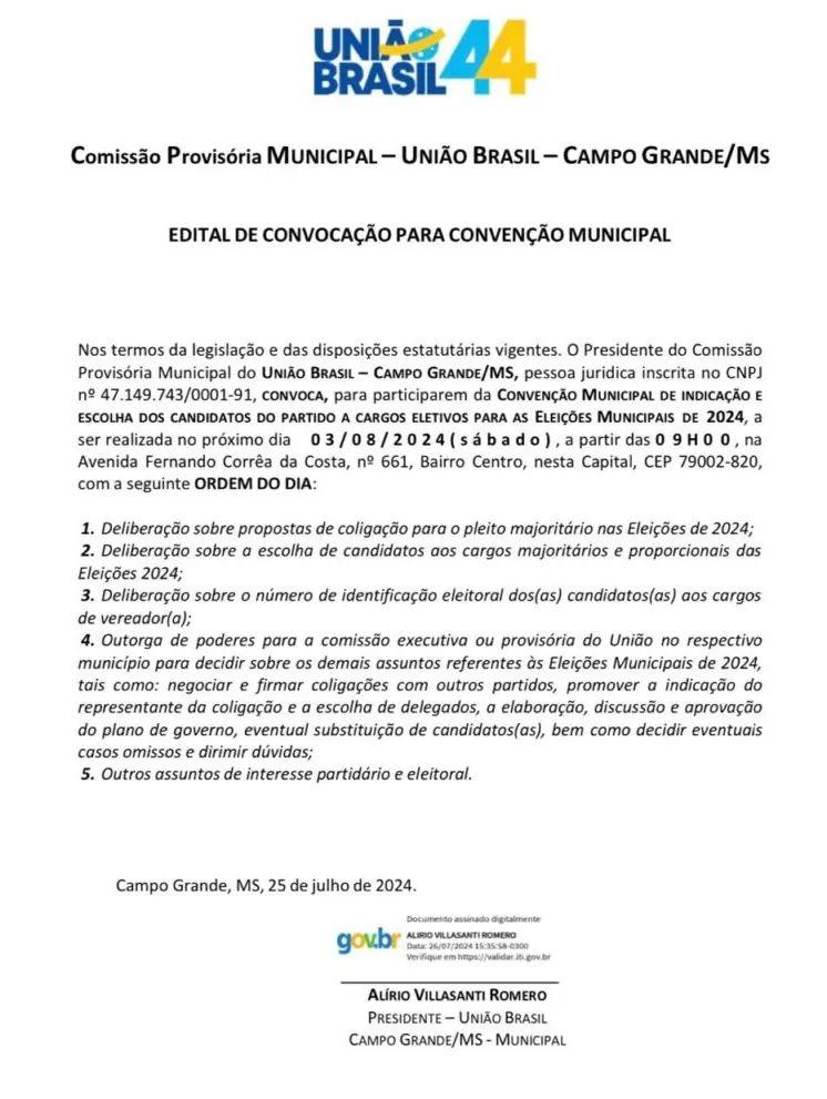 União Brasil convida filiados para ato que vai oficializar candidatura de Rose Modesto à Prefeitura de Campo Grande dia 03 de Agosto de 2024. União Brasil convida filiados para ato que vai oficializar candidatura de Rose Modesto à Prefeitura de Campo Grande dia 03 de Agosto de 2024.