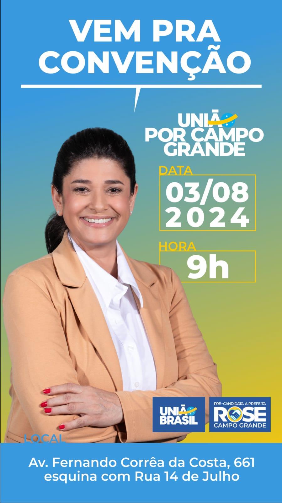 União Brasil convida filiados para ato que vai oficializar candidatura de Rose Modesto à Prefeitura da Capital. União Brasil convida filiados para ato que vai oficializar candidatura de Rose Modesto à Prefeitura da Capital.