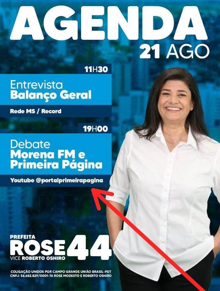 Os Candidatos a prefeitura municipal de Campo Grande terão o segundo  debate nesta quarta-feira e Rose confirma a sua presença. Os Candidatos a prefeitura municipal de Campo Grande terão o segundo  debate nesta quarta-feira e Rose confirma a sua presença.