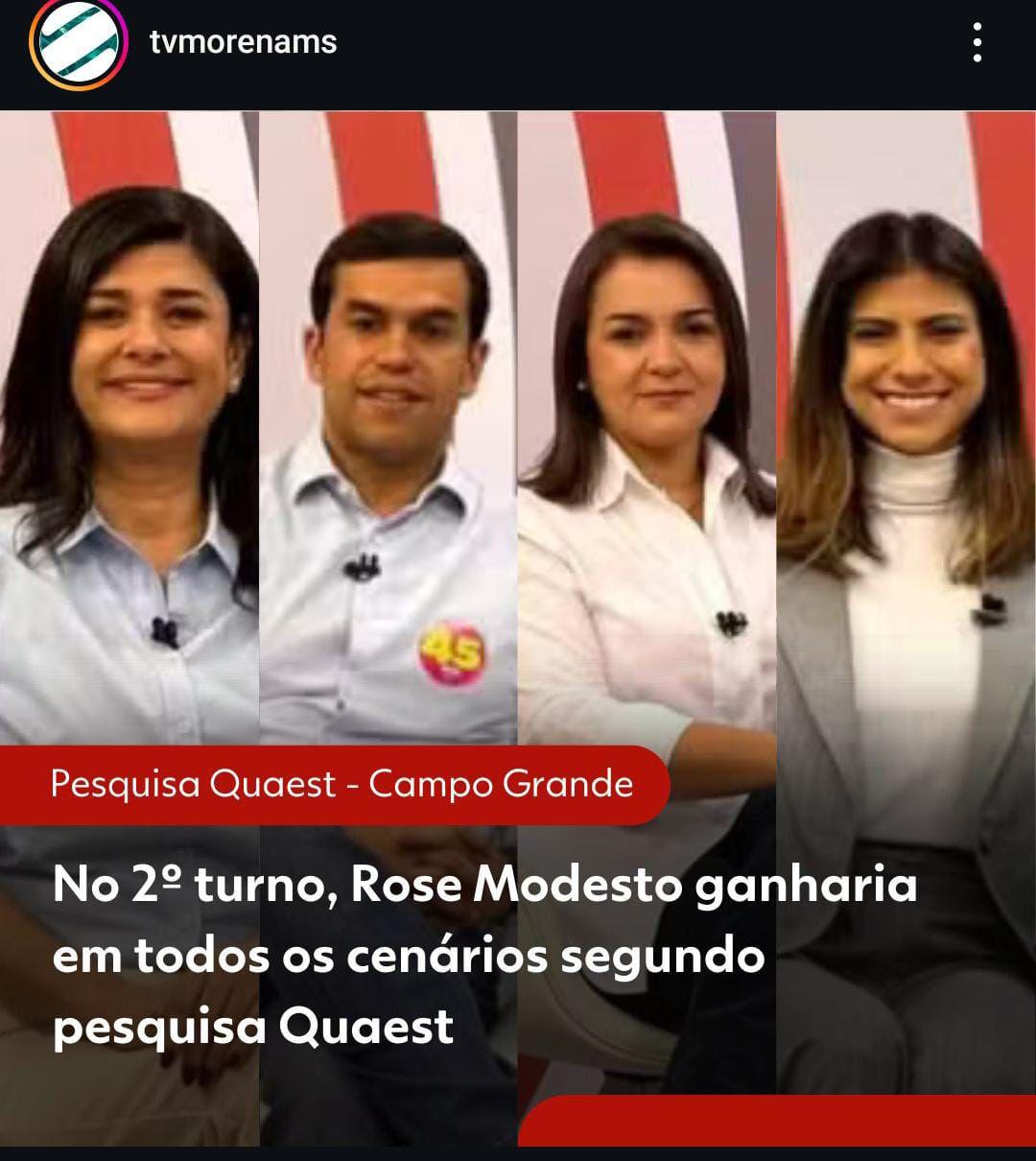 Rose Modesto  venceria Beto, Adriane e Camila em eventual 2º turno, aponta pesquisa Quaest da TV Morena.