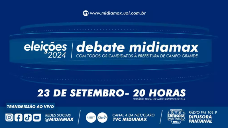 É HOJE: Debate Midiamax acontece às 20h com os oito candidatos à Prefeitura de Campo Grande-MS.