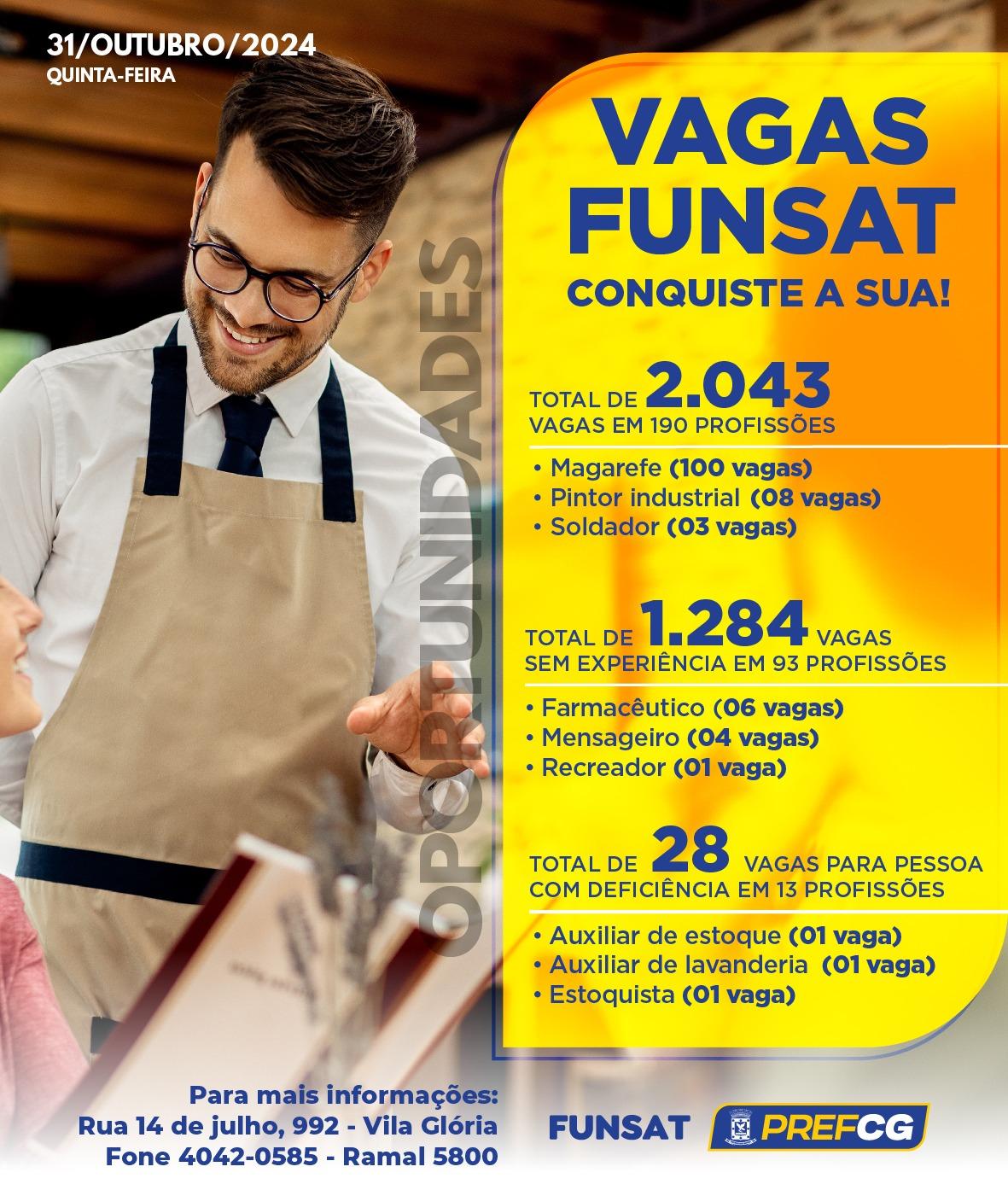 Funsat anuncia 2.043 vagas de emprego em 190 profissões diferentes nesta quinta-feira (31)