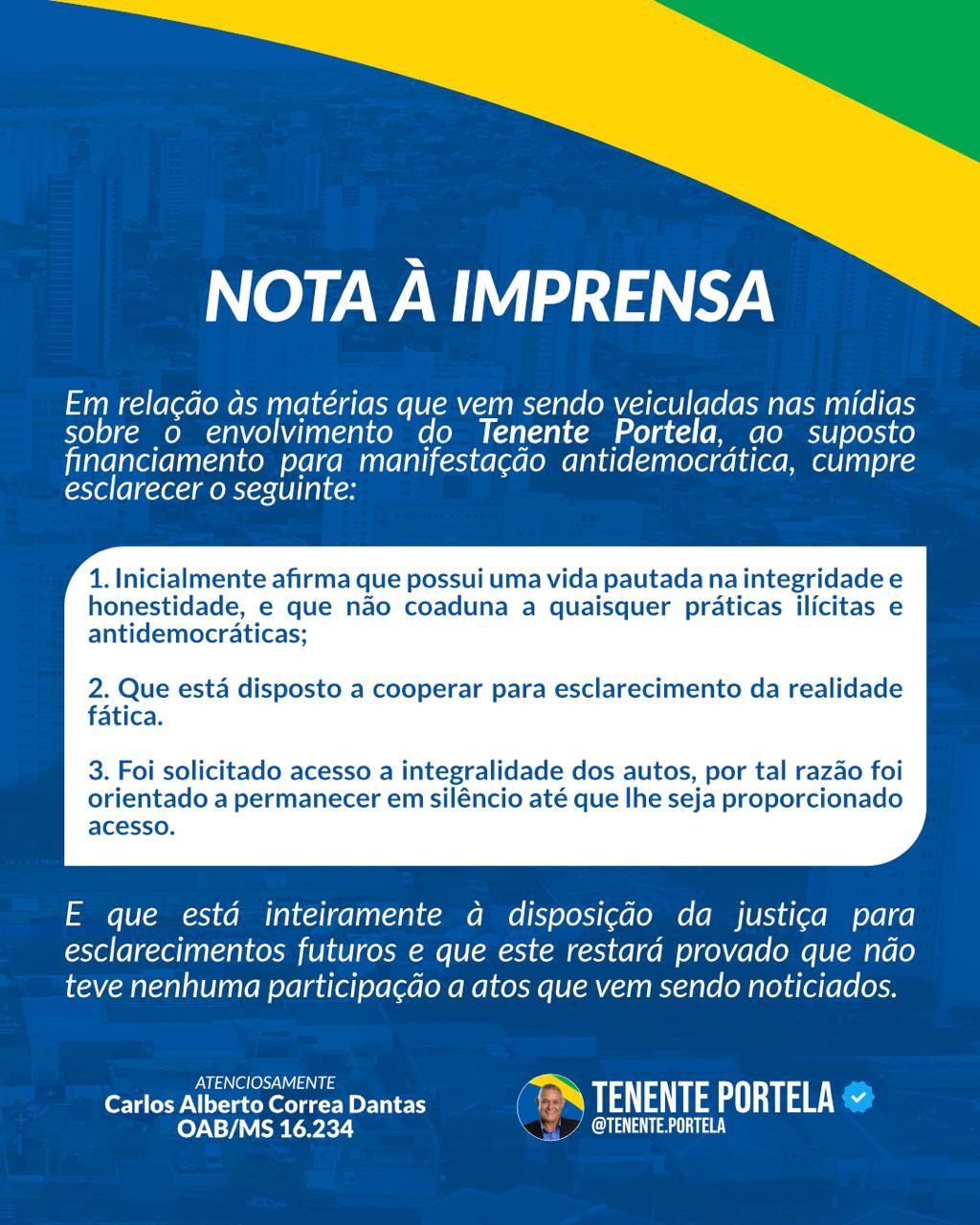 Declaração de Tenente Portela sobre lealdade ao ex-presidente Jair Bolsonaro. Declaração de Tenente Portela sobre lealdade ao ex-presidente Jair Bolsonaro.