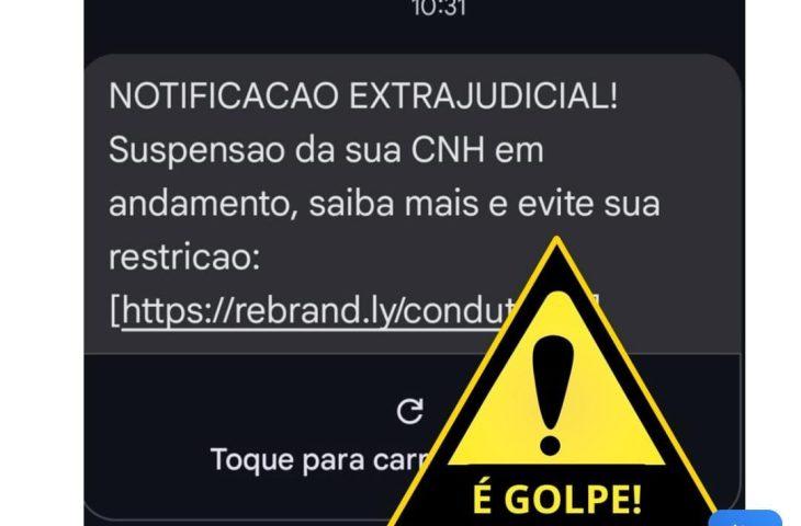 SMS com notificação extrajudicial de suspensão de CNH em nome do Detran-MS é golpe. SMS com notificação extrajudicial de suspensão de CNH em nome do Detran-MS é golpe.