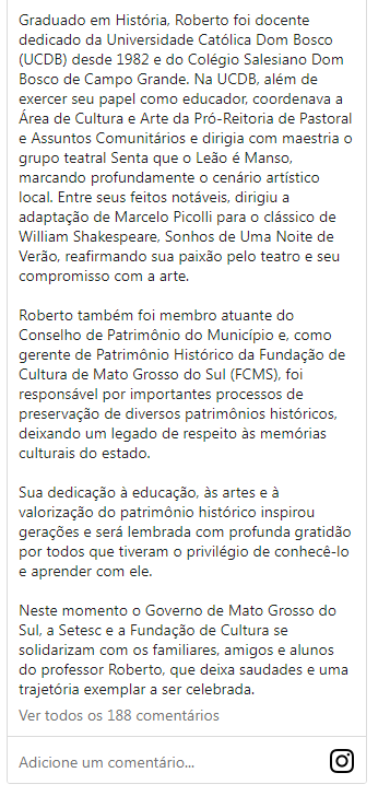 Fundação de Cultura de MS publica nota de pesar pela morte de Roberto Figueiredo. Fundação de Cultura de MS publica nota de pesar pela morte de Roberto Figueiredo.